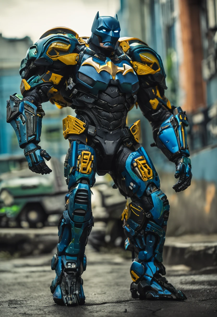 Um batman verde, amarelo e azul, brasileiro, realistic in a titanium cybernetic suit, detalhado, designe perfeito, alta qualidade arestas perfeitas e simetricas  ::n_desenho de estilo, Low-quality imperfection, boneco, jogo, anime