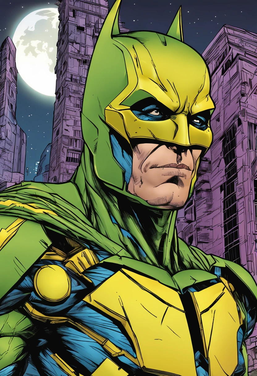 Um batman verde, amarelo e azul, brasileiro, realistic in a titanium cybernetic suit, detalhado, designe perfeito, alta qualidade arestas perfeitas e simetricas  ::n_desenho de estilo, Low-quality imperfection, boneco, jogo, anime