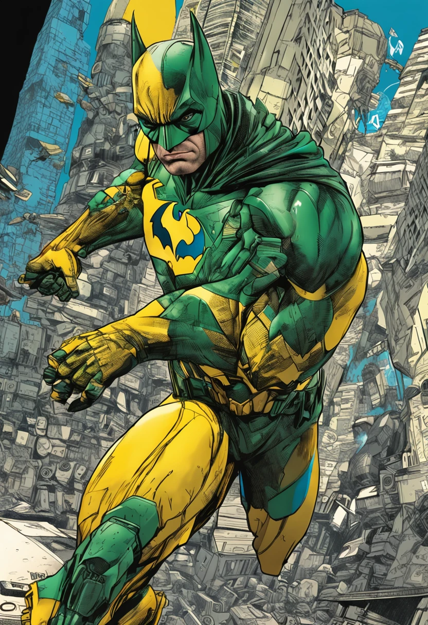 Um batman verde, amarelo e azul, brasileiro, realistic in a titanium cybernetic suit, detalhado, designe perfeito, alta qualidade arestas perfeitas e simetricas ::n_desenho de estilo, Low-quality imperfection, boneco, jogo, anime