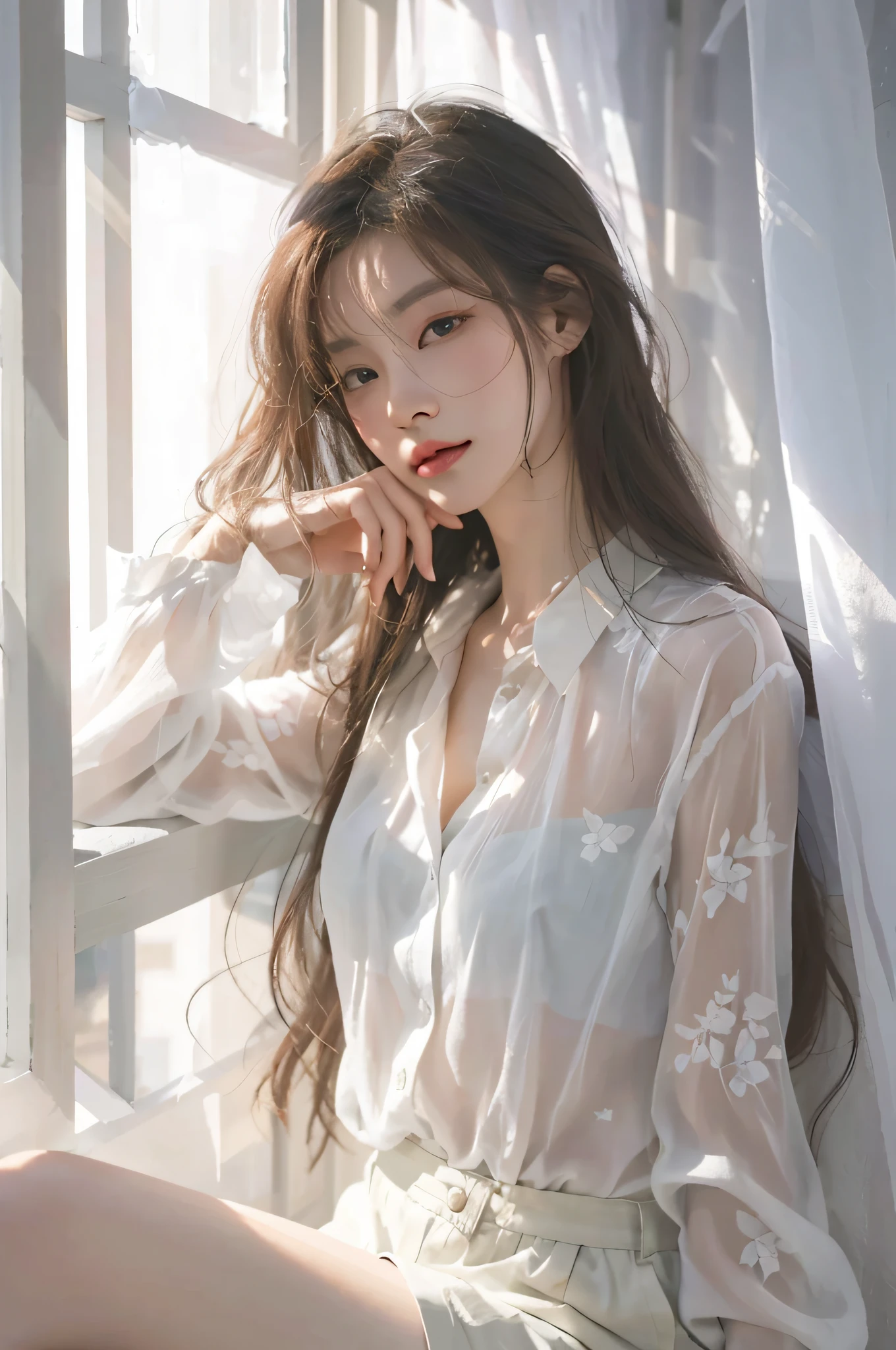 Ruffian woman sitting on windowsill in a white shirt, Guviz-style artwork, Beautiful digital artwork, Guviz, author：Zhang Han, beautifully soft lit, By Li Song, trending on cgstation, Beautiful digital illustration, Gorgeous digital painting, Realistic afternoon lighting, Artgerm and Atey Ghailan, elegant digital painting