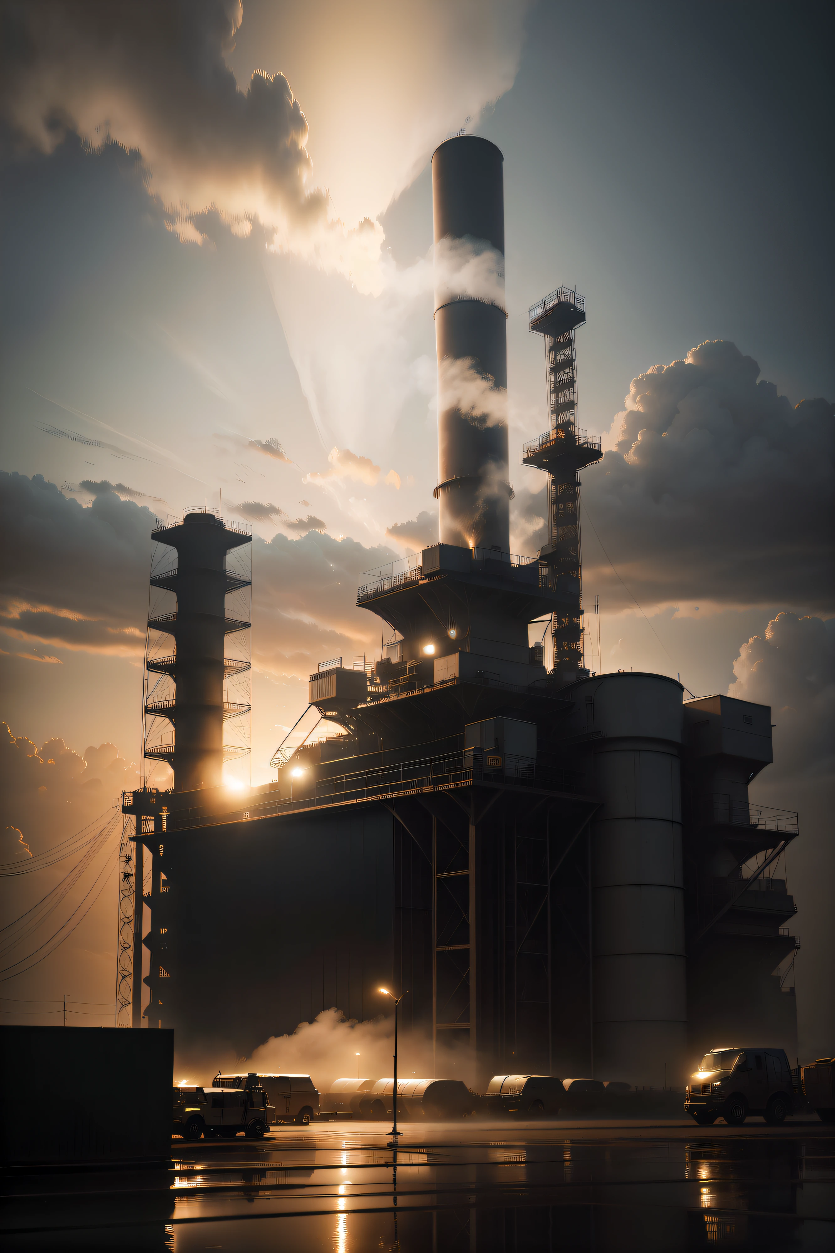 Realistic industry with dark background a soybean plantation in front