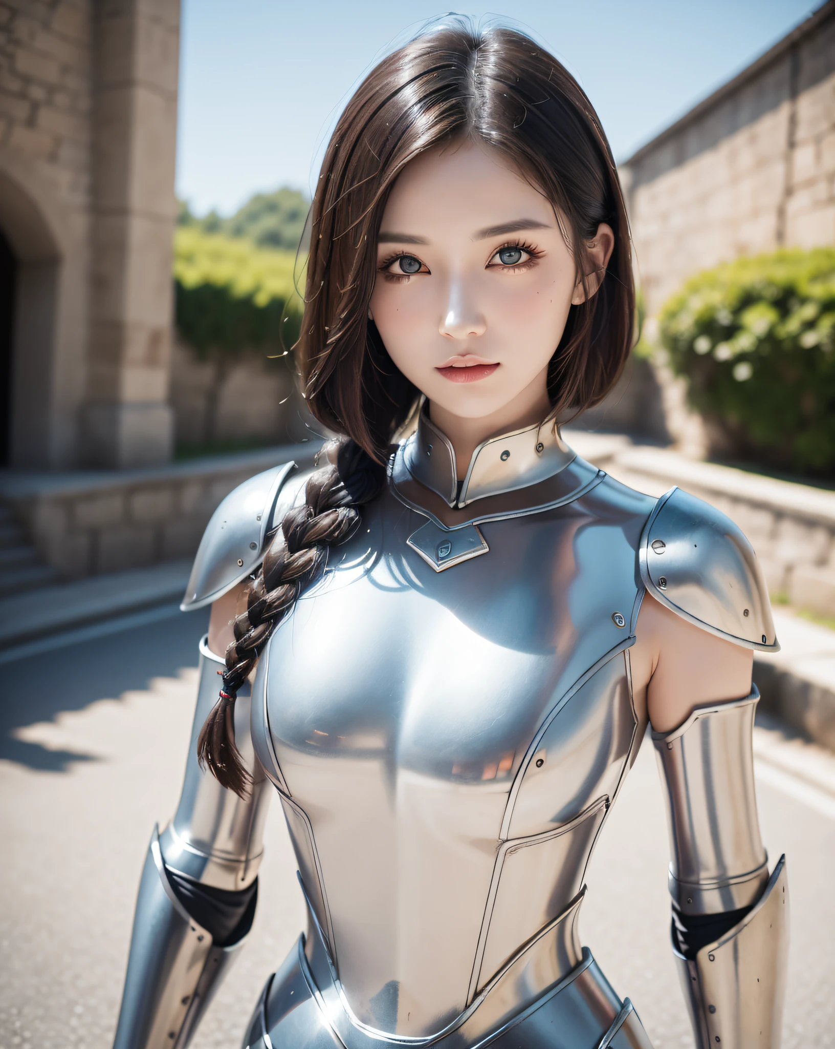 (8k、photoRealstic、RAW Photography、Top image quality:1.4)、(1 girl in)、Super Beautiful Girl Swordsman、(lifelike face)、(boyish、Silver Color Berry Shorthair)、Blue and black chest armor、Blue and black trousers,Blue leg armor,With a large spear,Glare that captivates the viewer、beautiful expression、large full breasts、(real looking skin)、beautiful smiling face、(soldier)、seductiv、超A high resolution、A hyper-realistic、hight resolution、spoiled