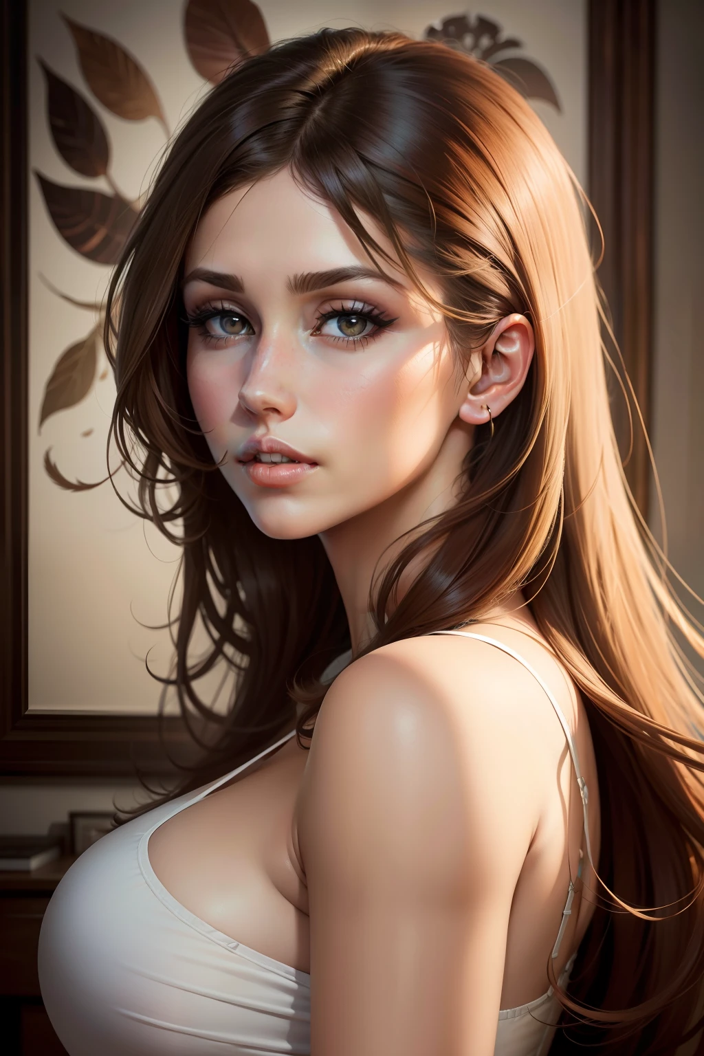 A beautiful detailed woman, sensual facial features, detailed eyes, detailed lips, longeyelashes, realistic skin, subtle nudity, natural lighting, cinematic composition, cinematic lighting, soft colors, warm tones, natural environment, beautiful background, masterpiece, high quality, photorealistic, hyperrealistic, tease 