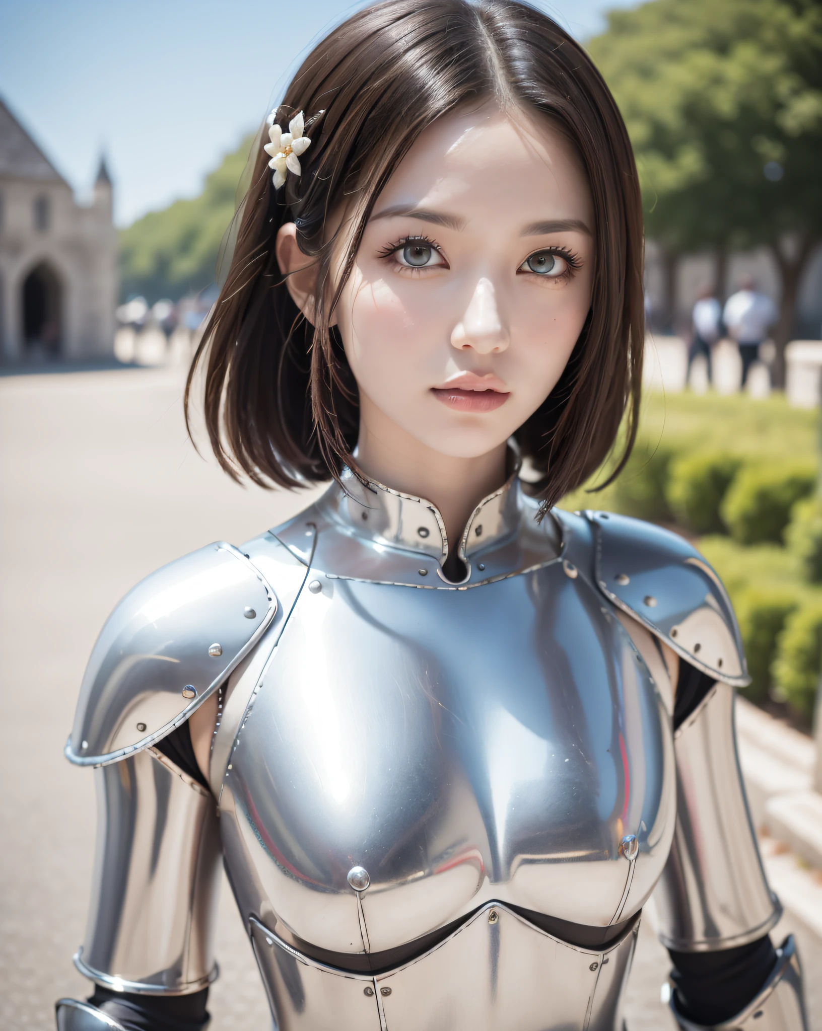 (masterpiece, best quality),(extremely intricate:1.3), (realistic), 1girl, milf, caucasian, green eyes, perfect eyes, perfect iris, perfect pupils, perfect lips,perfect nose, perfect hands, very detailed hands, perfect fingers, black hair, short hair, straight hair, small braid in her hair, (medieval armor), metal reflections, (((silver armor))), outdoors, far away castle, (ornately decorated armor), (insanely detailed, bloom:1.5), chainmail, intense sunlight, professional photograph of a stunning woman detailed, sharp focus, award winning, cinematic lighting, blurry background, upper body, ((confident)), (Pose:looking at the camera),mecha