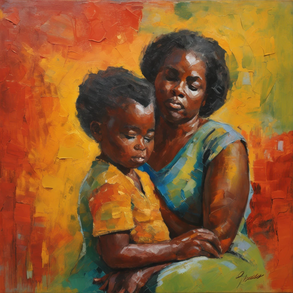 A closeup of the mother holding two children in her arms, Africano, negroide, cabelo africano, Estilo Van Gogh, (pinceladas pesadas:1.2), cores vibrantes, (impasto grosso:1.3), (Angled composition:1.1), Shadows Dramatic, (dramatic lighting:1.2), peaceful atmosphere, sereno, (pinceladas expressivas:1.1), (detalhes estilizados:1.2), Tranquil setting, (dreamlike quality:1.3), impressionista, post-impressionist.