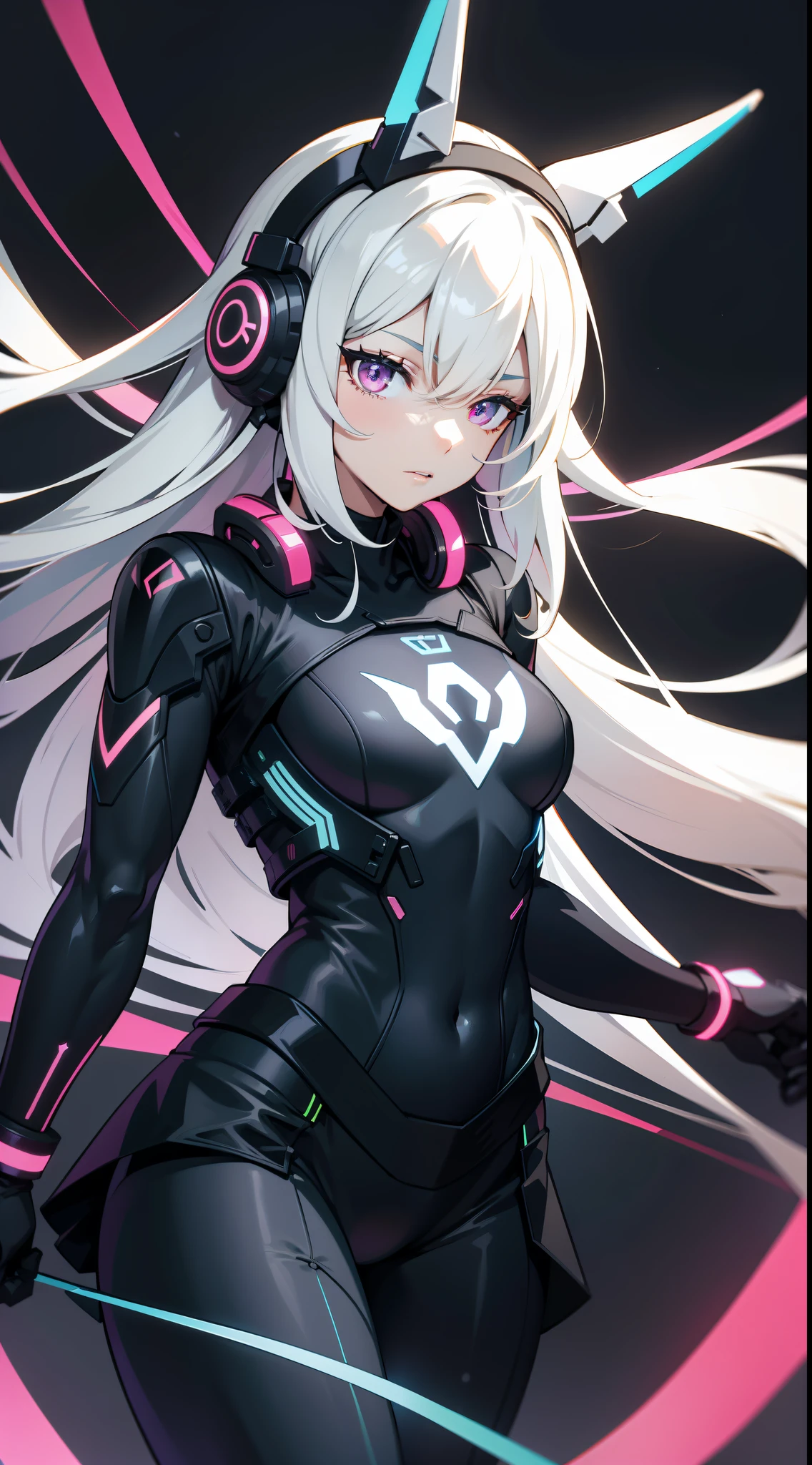 solid color backdrop,thighs visible,tightsuit,stocklings,The eyes are delicate,The face becomes lifelike,Wear neon headphones,lifting up skirt,open waist,long whitr hair。