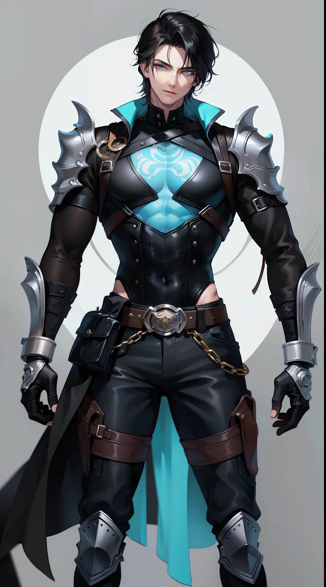 Young man, Long black hair, Cyan eyes, Tatoo, open torso, breeches, Iron hands, tmasterpiece, hiquality