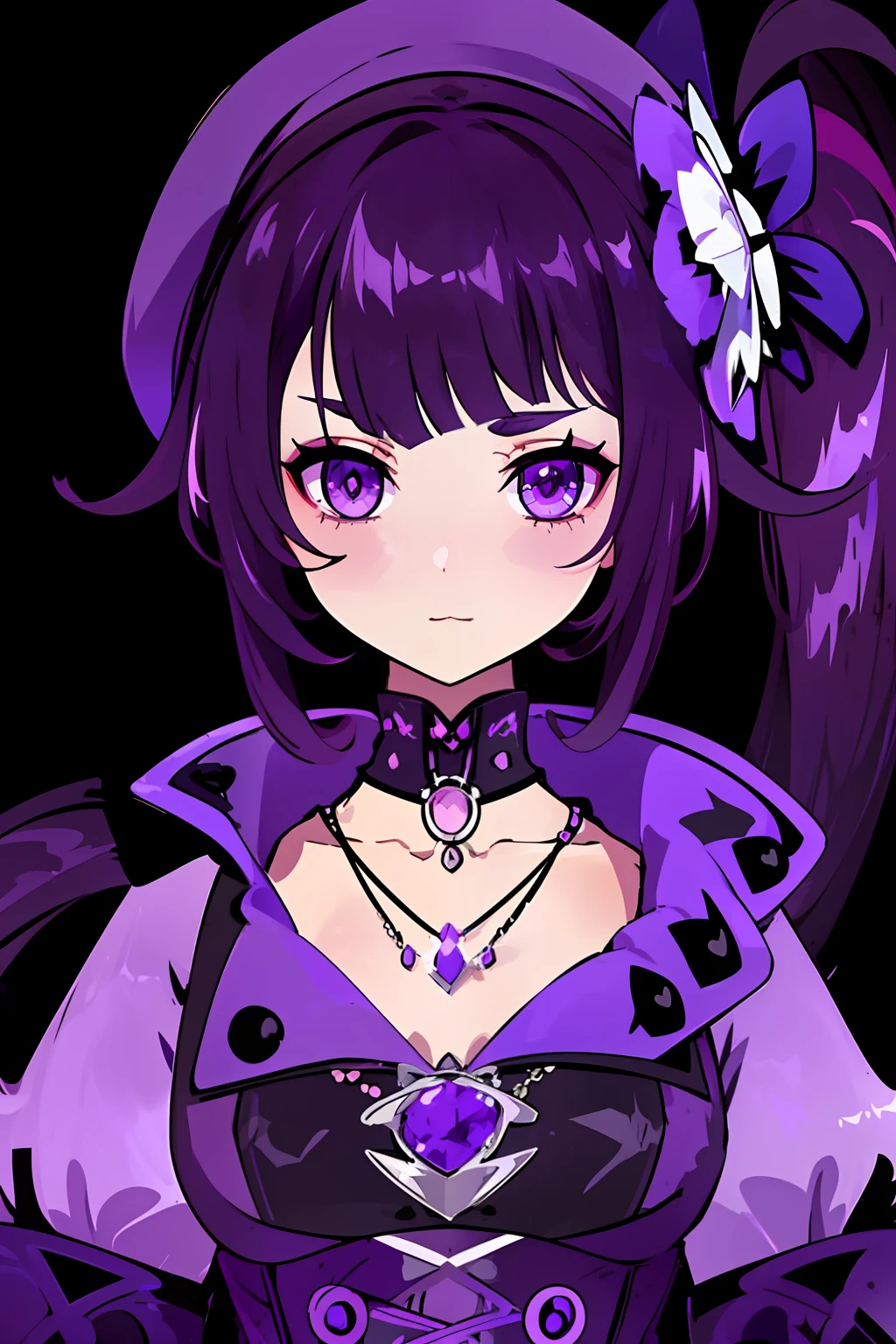 dress with a collar and a bow,witchcore clothes, gothic outfit, dau-al-set, cute beret, purple clothes, 1girl, masterpiece, GenshinAvatar, unique hairstyle, dark purple hair, germany, black backgroundm simple_background, purple lightning emblem in necklace, necklace