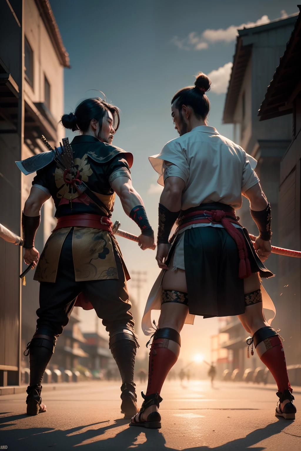 luta, Duel between two samurai of ancient Japan in the middle of the public city looking and cheering (obra-prima) (8k high resolution) (melhor qualidade) (Ultra Definition) (Ultra realista)(Foto RAW) (Foto realista) (bright illumination)