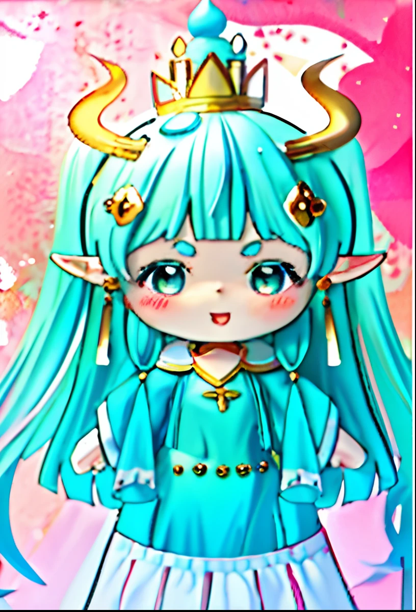 Painting of a girl wearing a cake crown on her head, Loli, cute character, cute horns, Elf Girl, Kawaii chibi, 2 d anime style, Anime girl with teal hair, cute kawaii girls, Sweet, Cute anime style, Stylized anime, , Blue Elf, in an anime style, Anime Stylization,There are various elements of sugar and cake on the head,Sugar Candy,Cupcakes