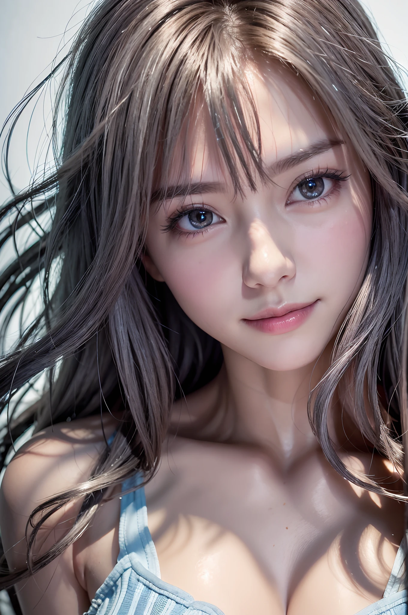 top-quality、8K Masterpiece、超A high resolution、(Photorealsitic:1.3)、Raw photo、***1人、silver white hair、glowy skin、((super realistic details))、portlate、globalillumination、Shadow、in 8K、ultrasharp、beauty breast、highly intricate detail、Realistic light、Beautiful eyes、radiant eyes、stares at the camera、Cute smile