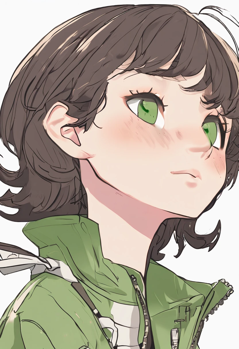 Wears a white green stick coat,whitet-shirt,Black shorts,Sneakers for girls,Short ear-length hair,dark brown colored eyes,Height about 160cm,Age 18 years,Full body frontal view,As a character design drawing