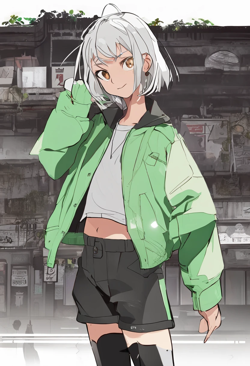 Wears a white green stick coat,whitet-shirt,Black shorts,Sneakers for girls,Short ear-length hair,dark brown colored eyes,Height about 160cm,Age 18 years,Full body frontal view,As a character design drawing