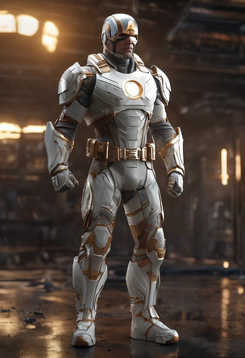 full body shot of captain america in white and gold armour style suit, no mask on, white cape, looking at center camera, perfect composition, beautiful detailed intricate insanely detailed octane render trending on artstation, 8 k artistic photography, photorealistic concept art, soft natural volumetric cinematic perfect light, chiaroscuro, award - winning photograph, masterpiece, oil on canvas, raphael, caravaggio, greg rutkowski, beeple, beksinski, giger, trending on artstation, sharp focus, studio photo, intricate details, highly detailed, night city background, by greg rutkowski