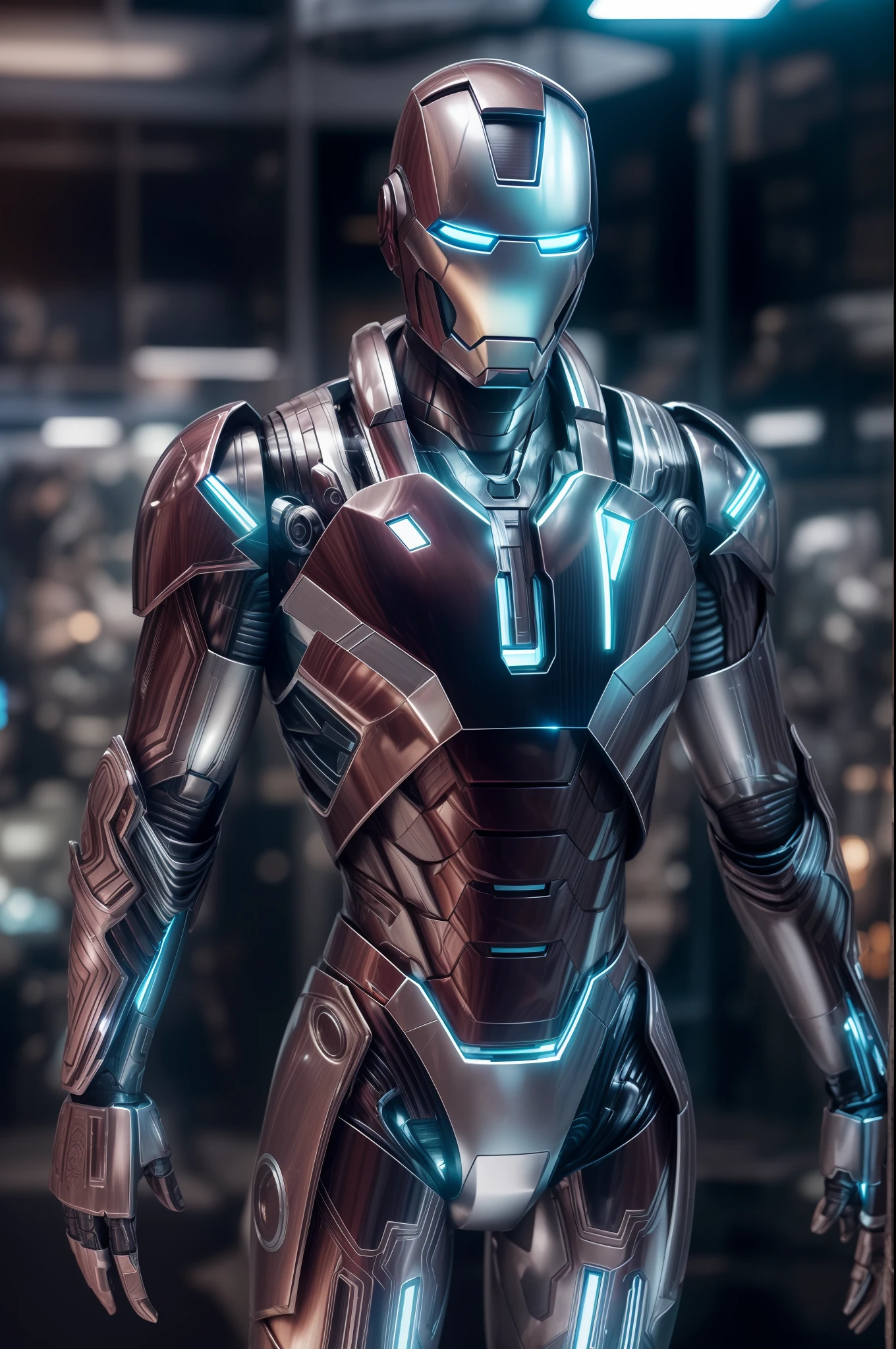 An extremely intricate silver and carbon Ironman suit, cybersuit, futuristic Ironman, quantum technology, extremely detailed suit, micro-details, photorealism, one light, dark photo, deep shadows, shallow depth of field, photorealistic, Surrealism, high quality, masterpiece, 8k, 8k, super detail