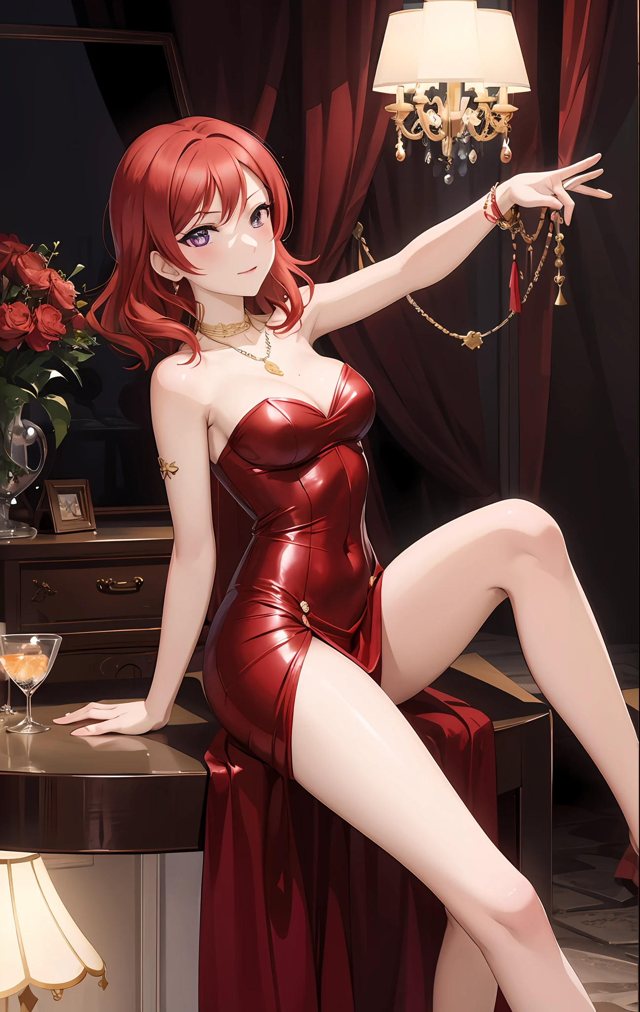 Masterpiece, best quality , nishikino maki,red hair, purple eyes, short bodycon dress, strapless, sleeveless, sexy, sexy pose, sexual arousal,(lips:0.6), cleavage, necklace, elegant party, llchar