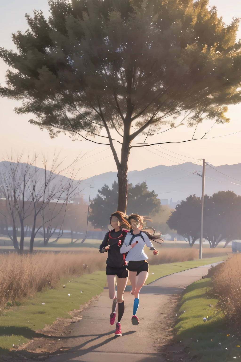 Two girls running happily in the forest。