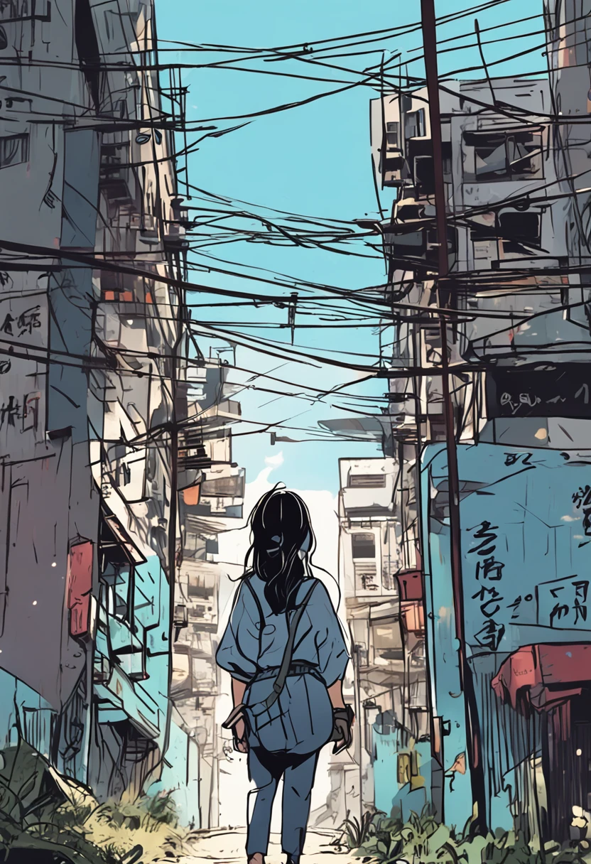 Kowloon City、Back alley、Wet ground、pipes、duct、electric wires、signboard、plein air, tag, simple background, blue open sky, shorth hair, one girls、a beauty girl、天空, looking at the viewers, stairway, Moody lighting,