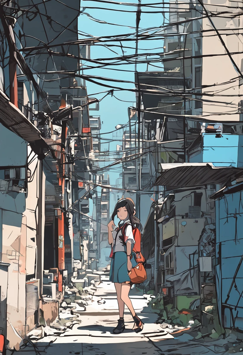 Kowloon City、Back alley、Wet ground、pipes、duct、electric wires、signboard、plein air, tag, simple background, blue open sky, shorth hair, one girls、a beauty girl、天空, looking at the viewers, stairway, Moody lighting,