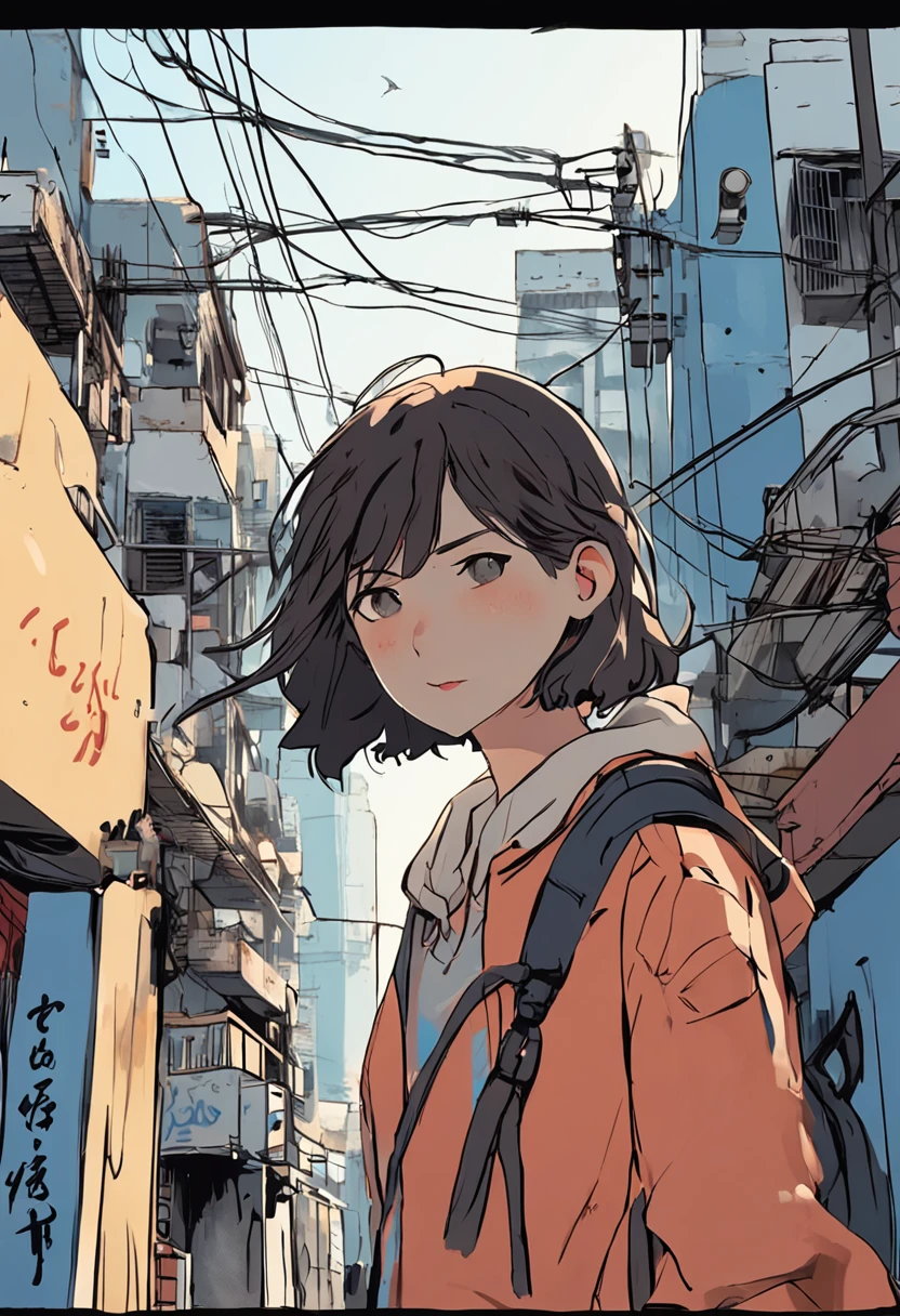 Kowloon City、Back alley、Wet ground、pipes、duct、electric wires、signboard、plein air, tag, simple background, blue open sky, shorth hair, one girls、a beauty girl、天空, looking at the viewers, stairway, Moody lighting,