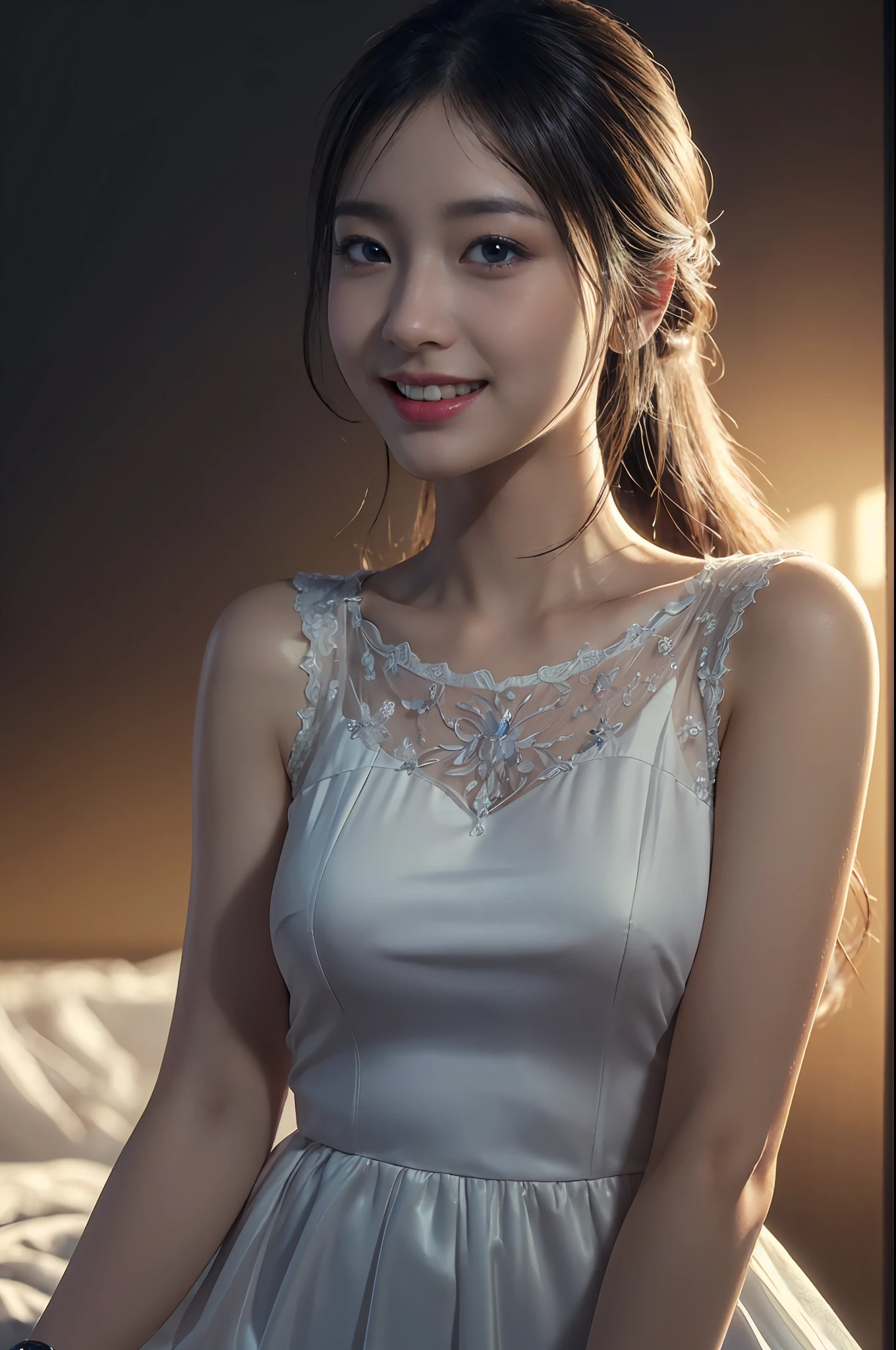 (in 8K、Raw photography、Top image quality、​masterpiece:1.3)、(realisitic、Photorealsitic:1.4)、(Realistis:1.4)、(Transparency:1.2)、Innocent upper-class lady, Wearing a formal dress、Exposed thighs!!!, raw,(in 8K、top-quality、​masterpiece:1.2)、(intricate detailes:1.4)、(Photorealsitic:1.4)、octane renderings、Complex 3D rendering ultra detail, vibrant detail, super detailing, realistic skin textures, Detail Face, Beautiful detail eyes, Very detailed CG Unity 16k wallpaper, make - up, (detailedbackground:1.2),　shinny skin、A smile、