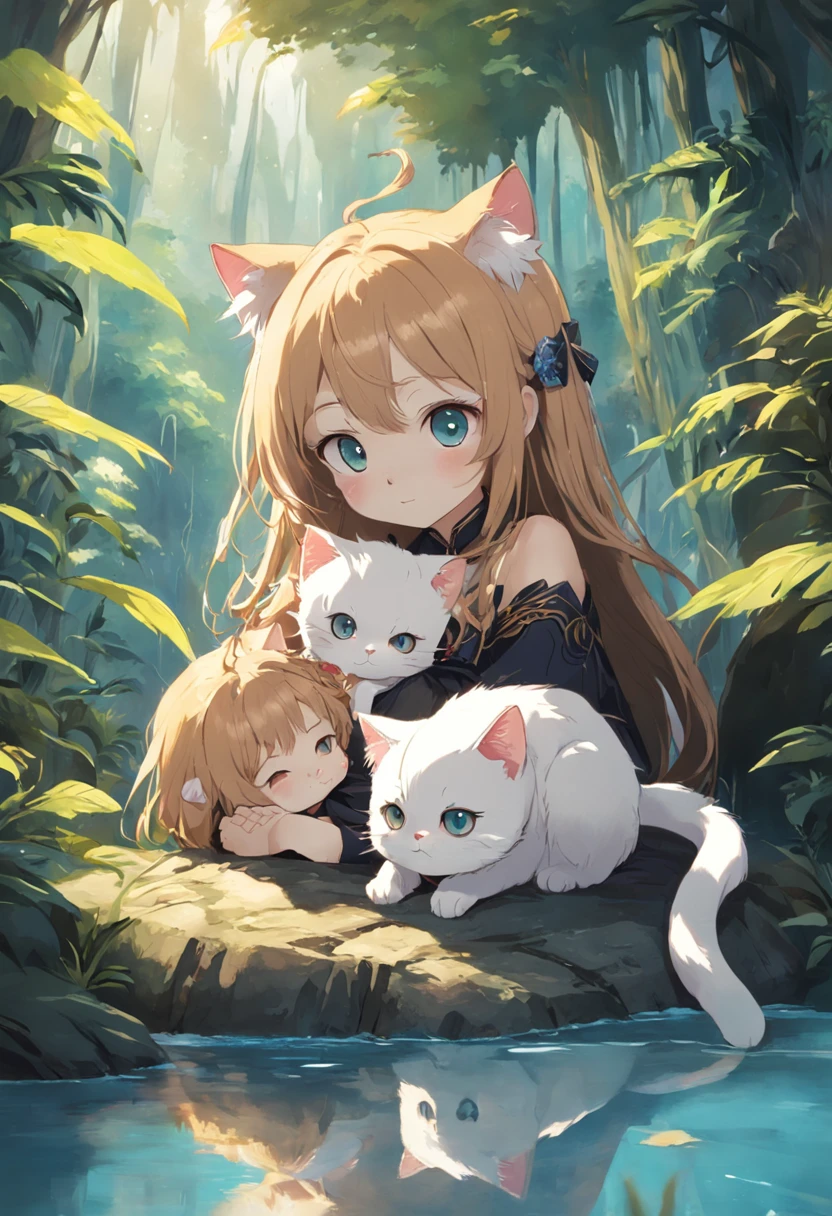 milk cat and her mother,Mom wears a crown,And Nanny Dad,Live in the rainforest,And a group of littlecats