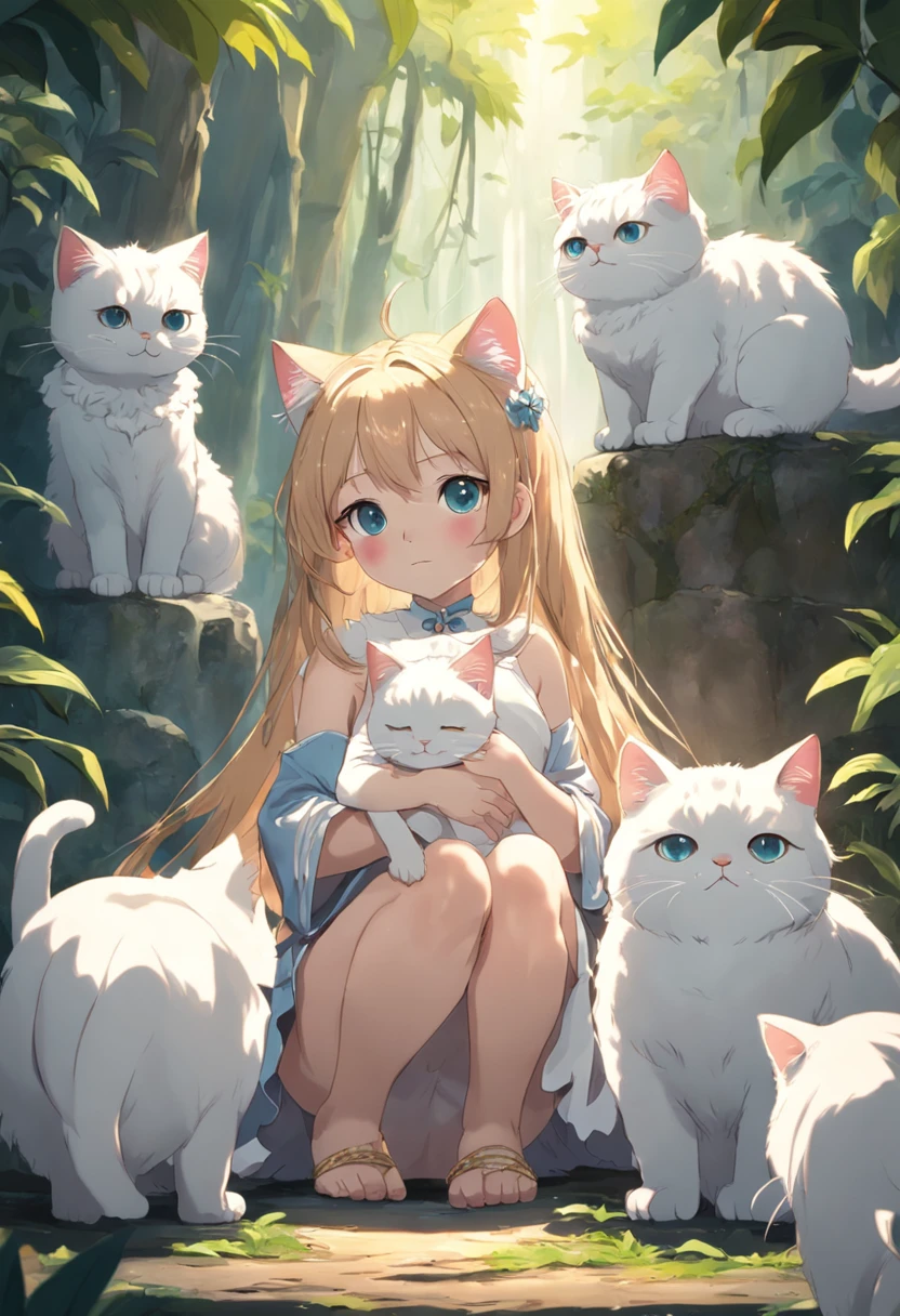 Little milk cat and her mother,Mom wears a crown,And Nanny Dad,Live in the rainforest,And a group of little milk cats