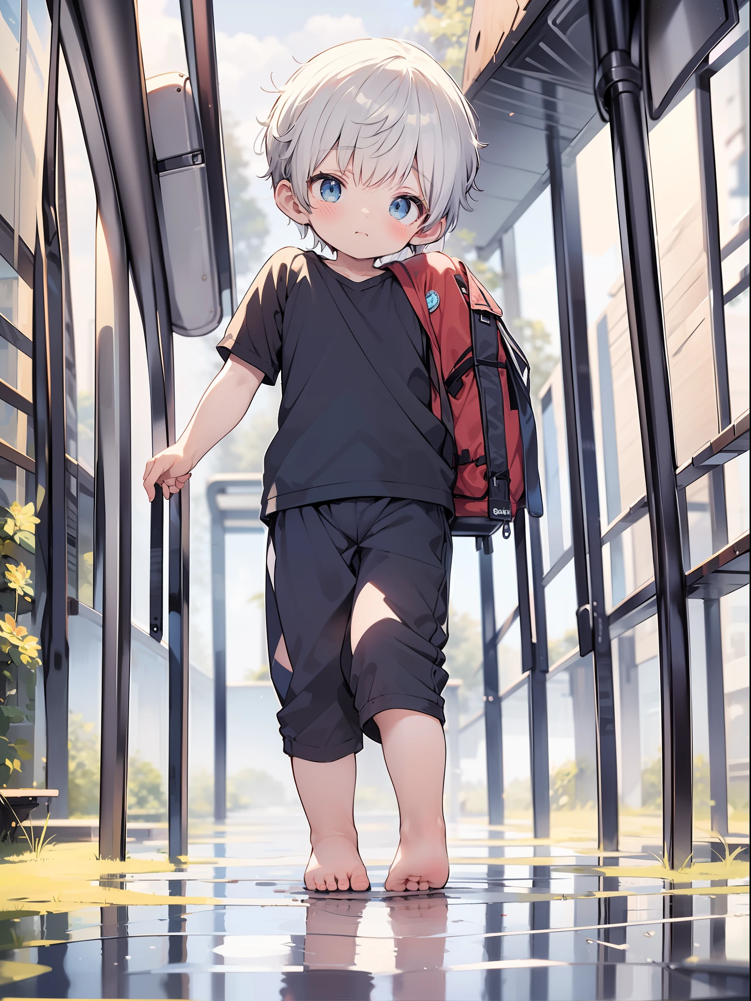 Cute little boy,Blue swimsuit,The barefoot,Lie flat on the ground,Boy(1:4),4K,Hazy appearance,Raise your feet,
