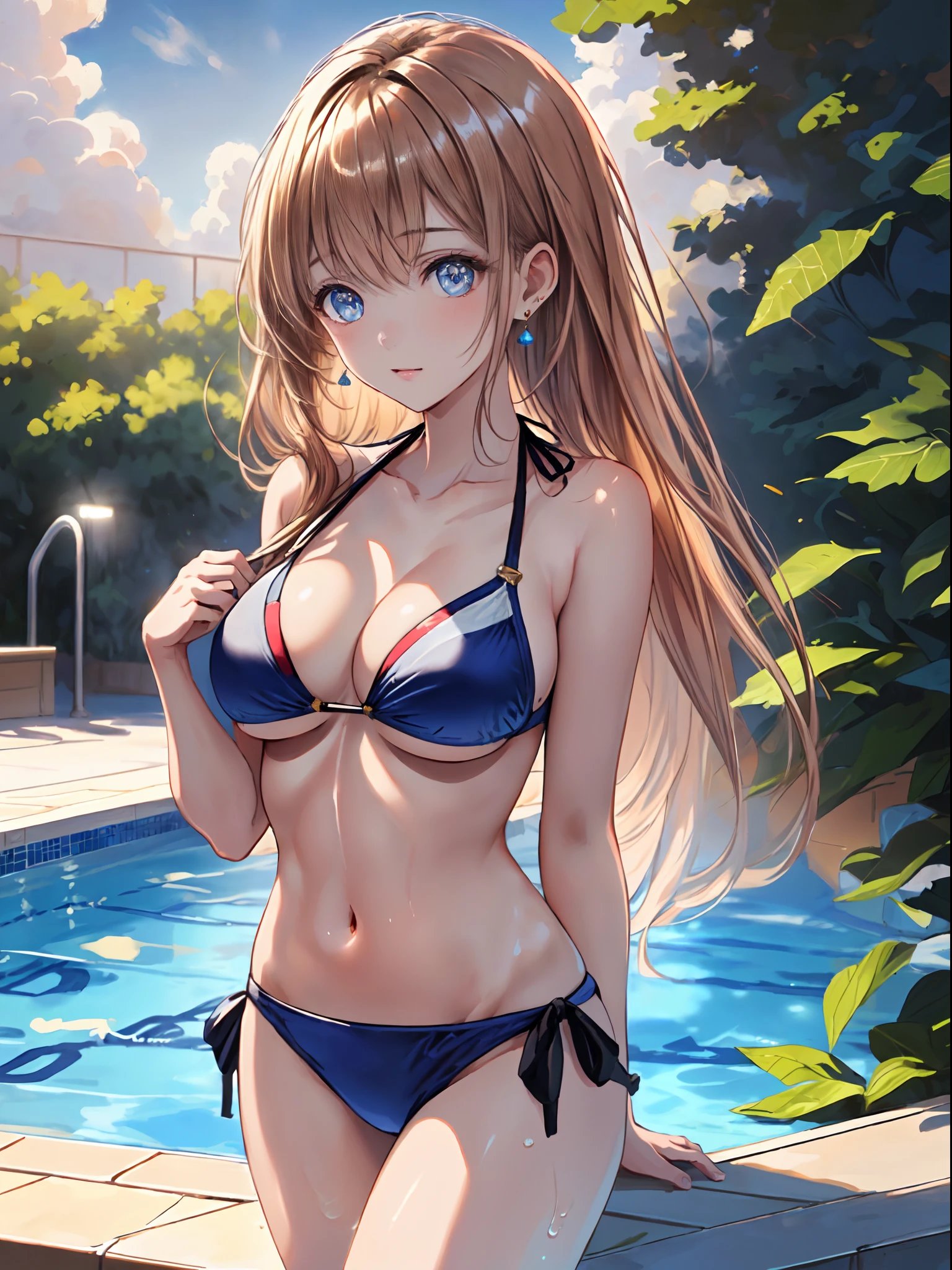 ((masterpiece+best quality+high resolution+illustration1.3+ultra 8k)), 1girl, ((detailed body)) ((attractive face)), bikini girl, swimming pool, fantasy cloud, cloudy background, detailed body, long hair, sharp eyes, detailed eyes, ((detailed shadow)), lighting, detailed, focus, earrings, hnd detailed