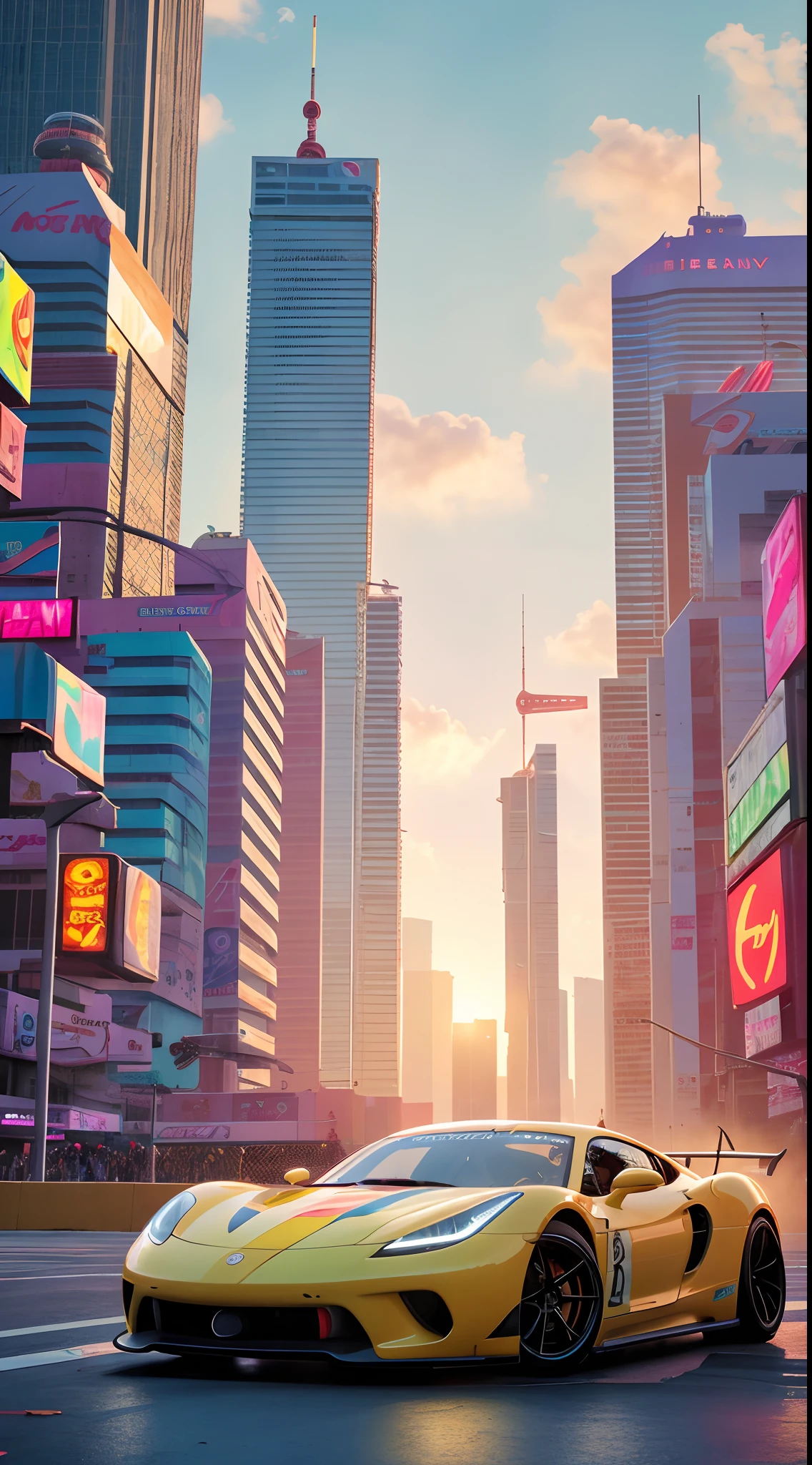 bright sunny day beautiful cloudy sky sunset sports car racing down cyberpunk Miami city streets neon signs and crowds confetti debris dust wind volumetric fog exciting epic action camera, (masterpiece:1.2) (photorealistic:1.2) (bokeh) (best quality) (detailed skin) (intricate) (8k) (HDR) (cinematic lighting) (sharp focus)