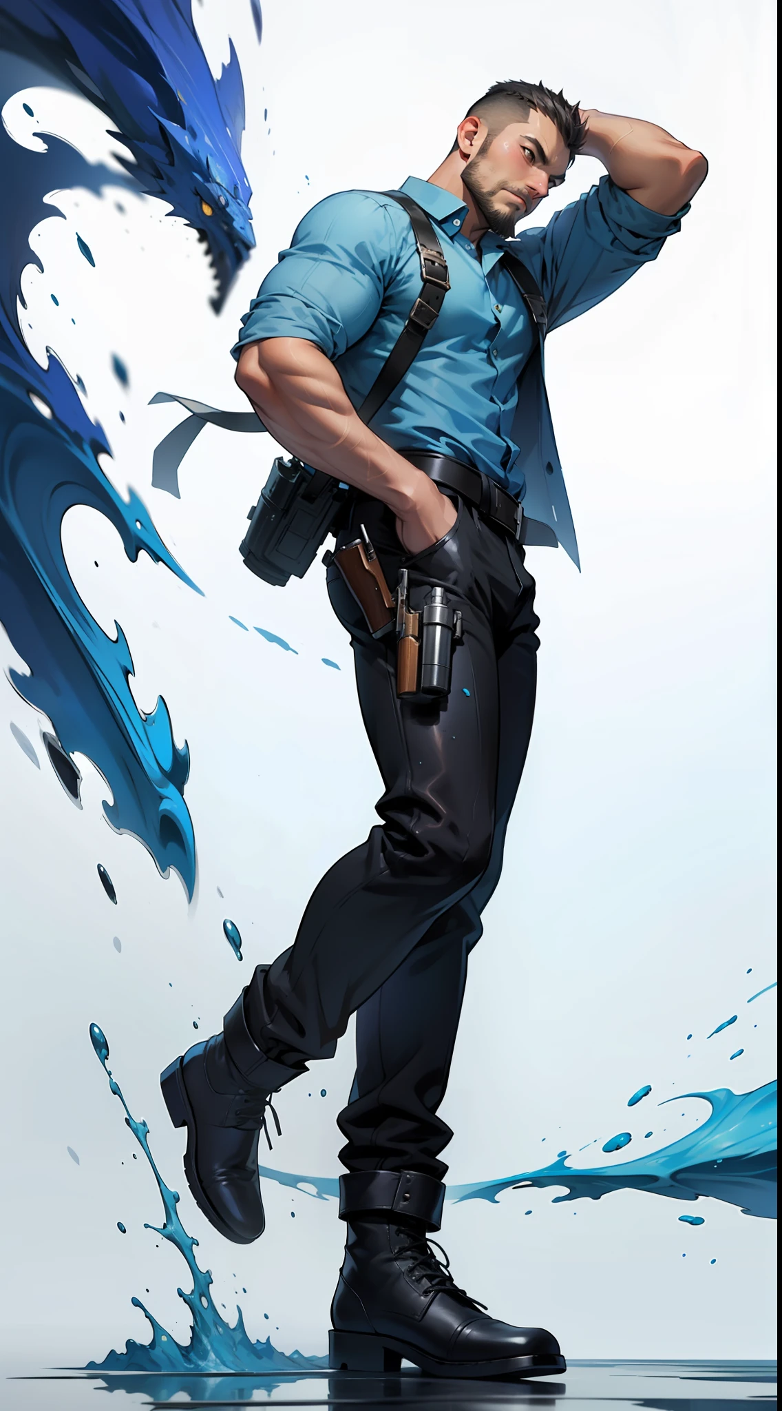 1 man, male focus solo, middle aged man, tall, lean muscle, light blue shirt, black leather shoulder holster, faded black trouser, close up full body shot, black short hair, facial hair, holding a pistol with two hands, (pistol:1.2), cold face, ultra high quality, masterpiece, low camera angle, intense splashed blue and white paint in the blackground, front view
