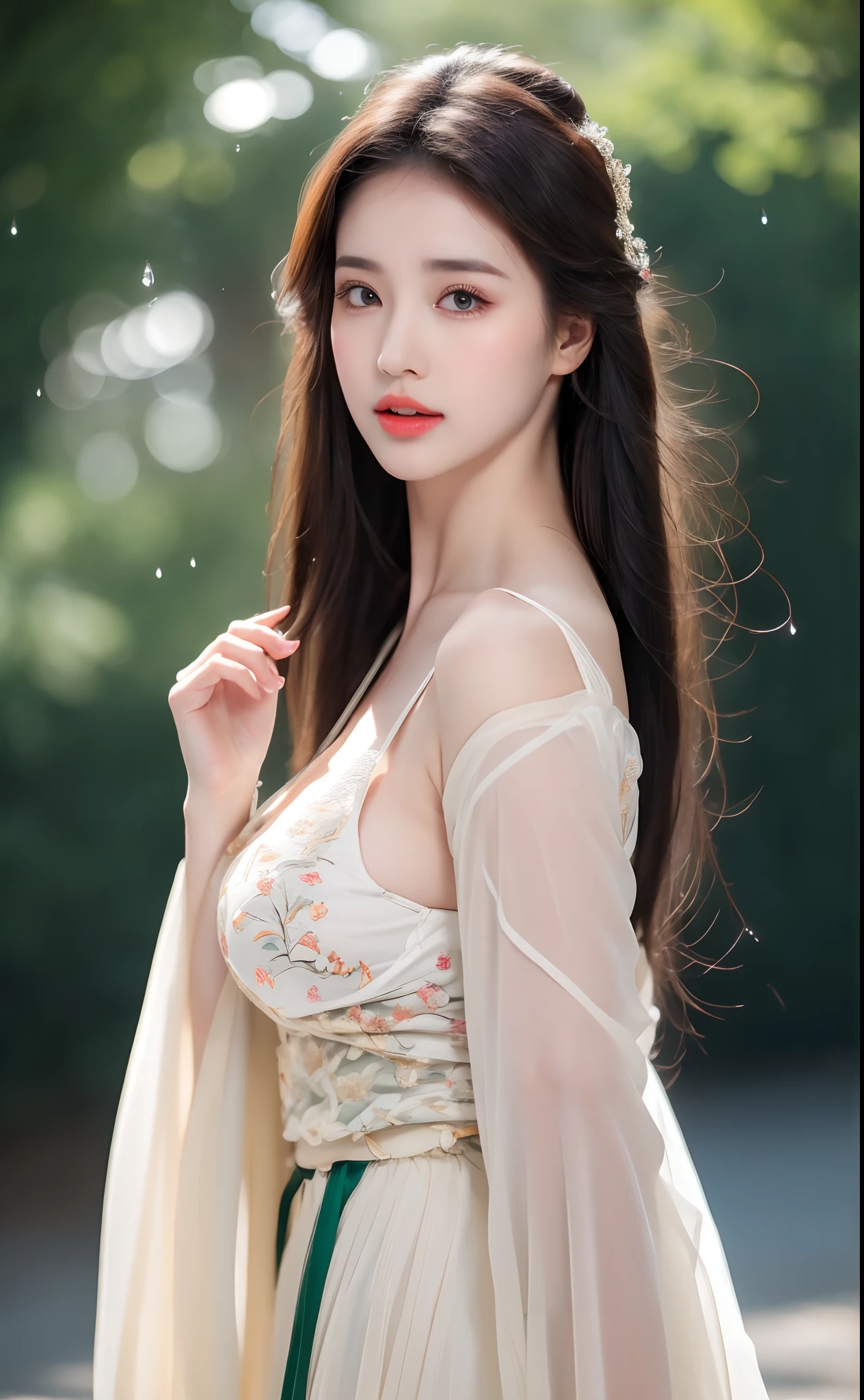 ((Best Quality, 8k, Masterpiece: 1.3)), Focus: 1.2, Perfect Body Beauty: 1.4, Buttocks: 1.2, ((Layered Haircut)), (Wet Clothes: 1.1), (Rain, Street:1.3), (Breasts: 1.2), (Hanfu: 1.2), Bare Shoulders, Bare Legs, Highly Detailed Face and Skin Texture, Fine Eyes, Double Eyelids, Whitened Skin, Long Hair, (Shut Up: 1.5), (Bokeh Background: 1.5), Big Breasts