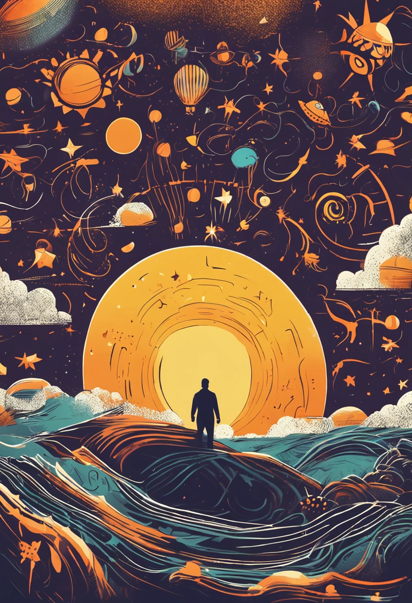 a painting of a man standing in front of a giant sun with smoke coming out of it by Victo Ngai