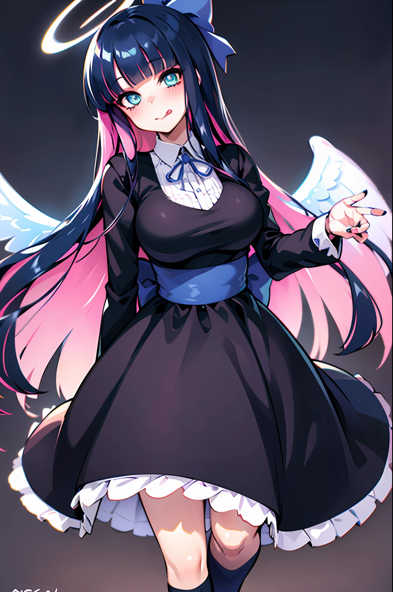 (masterpiece, best quality:1.2), stockingpsg, looking at viewer, blush, large breasts, castle, thighhighs, long sleeves, depth of field, ribbon, hair bow, cowboy shot, tongue, tongue out, blunt bangs, nail polish, black dress, aqua eyes, blue bow, blue nails, arm behind back, :q, dynamic camera, cinematic camera, head tilt, chromatic aberration, specular lighting, angel wings, halo, long skirt, large skirt, fullbody, flipflops