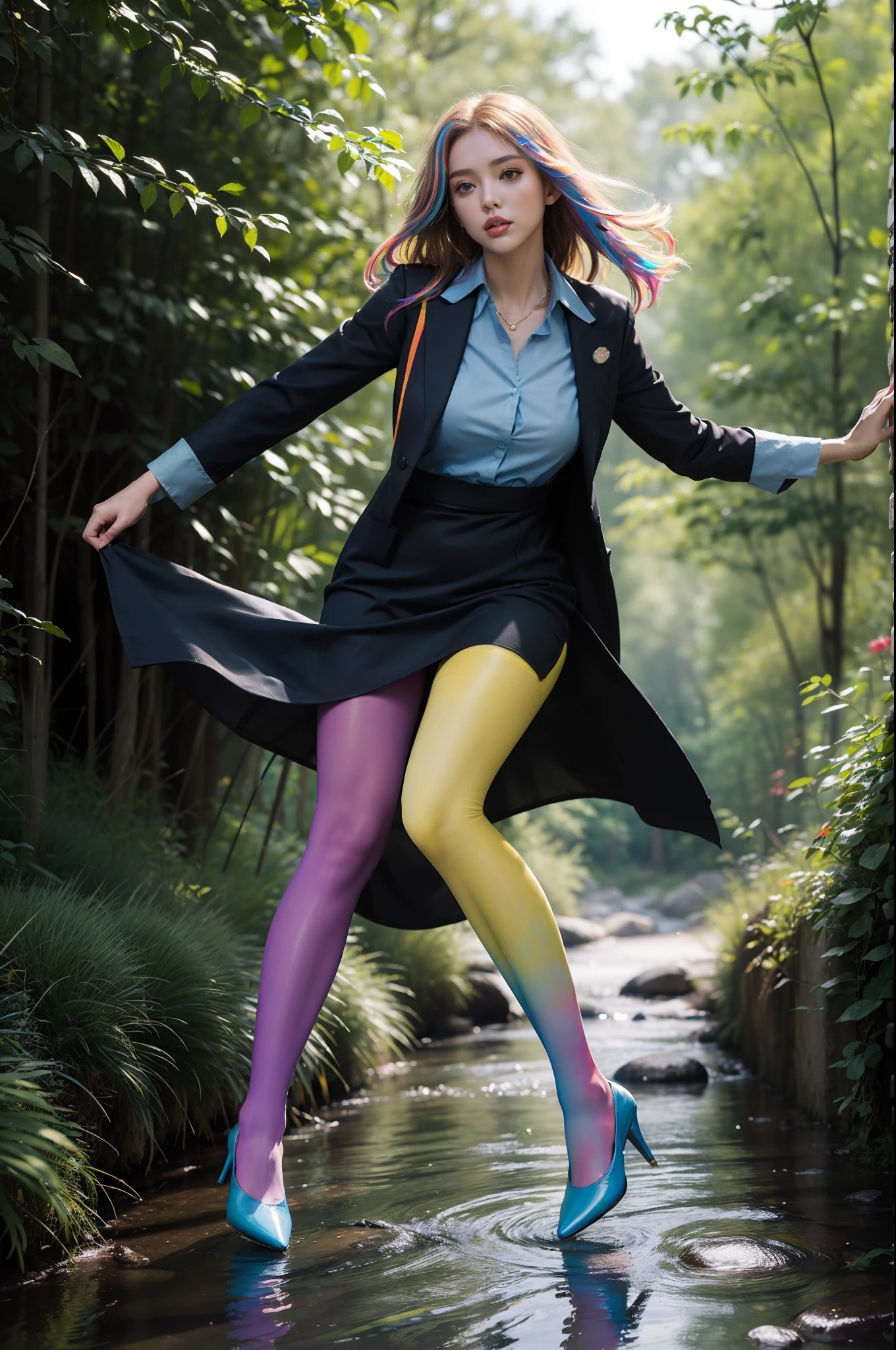 (full body:2),(1girl:1.3),(view the viewer:1.4),(anatomy correct:1.4),(((colorful pantyhose)):1.3), (pointed thick heels :1.3),,((Dancing By the creek in the forest):1.2),((Medieval female nurse's knee-length dress suit):1.3),(Extra Long blonde Hair:1.2),(Accurate and perfect face:1.3),(Long legs and big feet:1.3),((Polished clothing):1.2),((Skin reflection , Skin Gloss):1.2),((((( colorful)))):1.5),hyper HD, Ray traching, reflective light, structurally correct, Award-Awarded, high detail, lighten shade contrast, Face lighting ,cinematic lighting, masterpiece, super detailing, high quality, high detail, best quality, 16k,High contrast,
