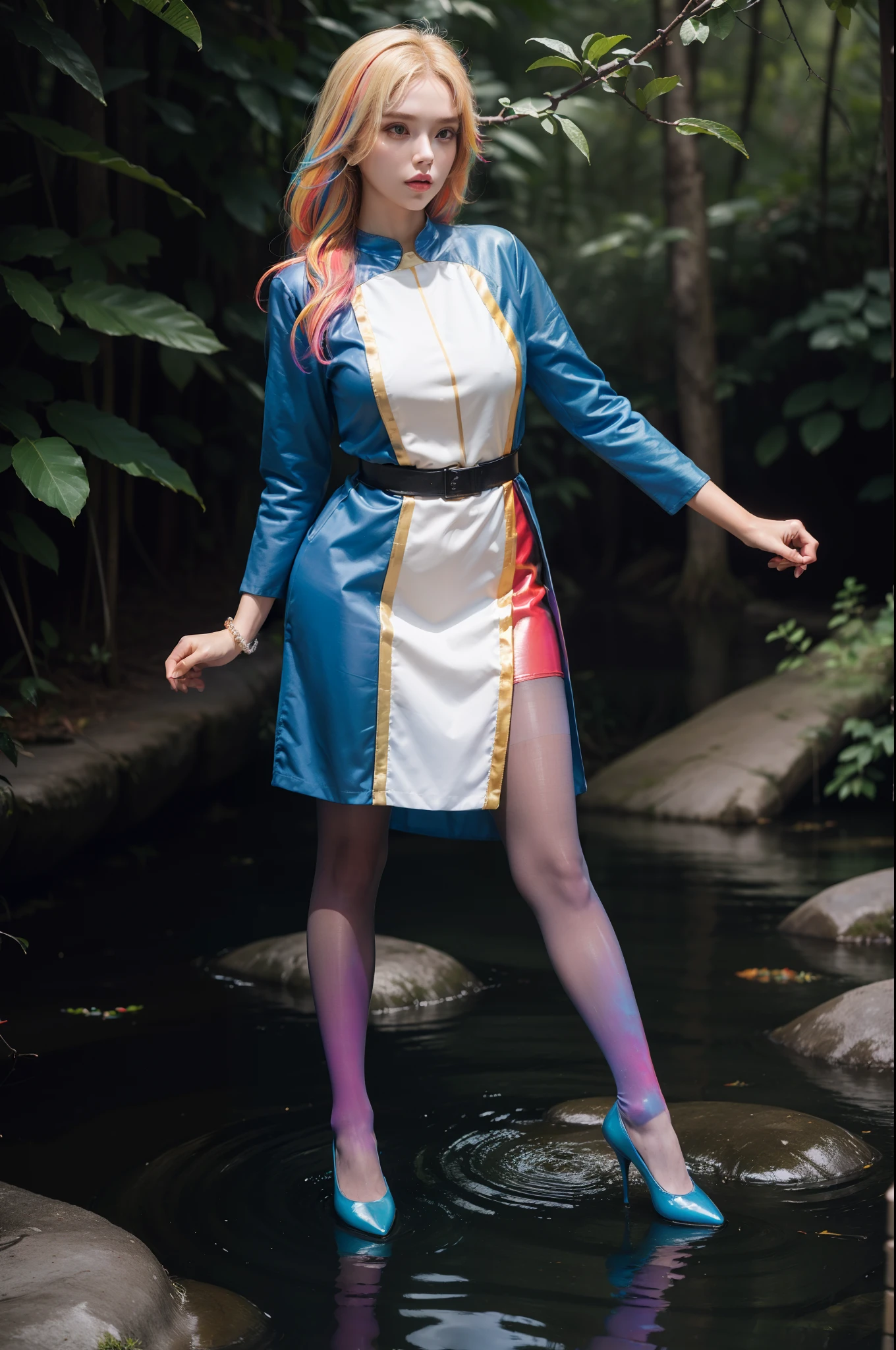 (full body:2),(1girl:1.3),(view the viewer:1.4),(anatomy correct:1.4),(((colorful pantyhose)):1.3), (pointed thick heels :1.3),,((Dancing By the creek in the forest):1.2),((Medieval female nurse's knee-length dress suit):1.3),(Extra Long blonde Hair:1.2),(Accurate and perfect face:1.3),(Long legs and big feet:1.3),((Polished clothing):1.2),((Skin reflection , Skin Gloss):1.2),((((( colorful)))):1.5),hyper HD, Ray traching, reflective light, structurally correct, Award-Awarded, high detail, lighten shade contrast, Face lighting ,cinematic lighting, masterpiece, super detailing, high quality, high detail, best quality, 16k,High contrast,
