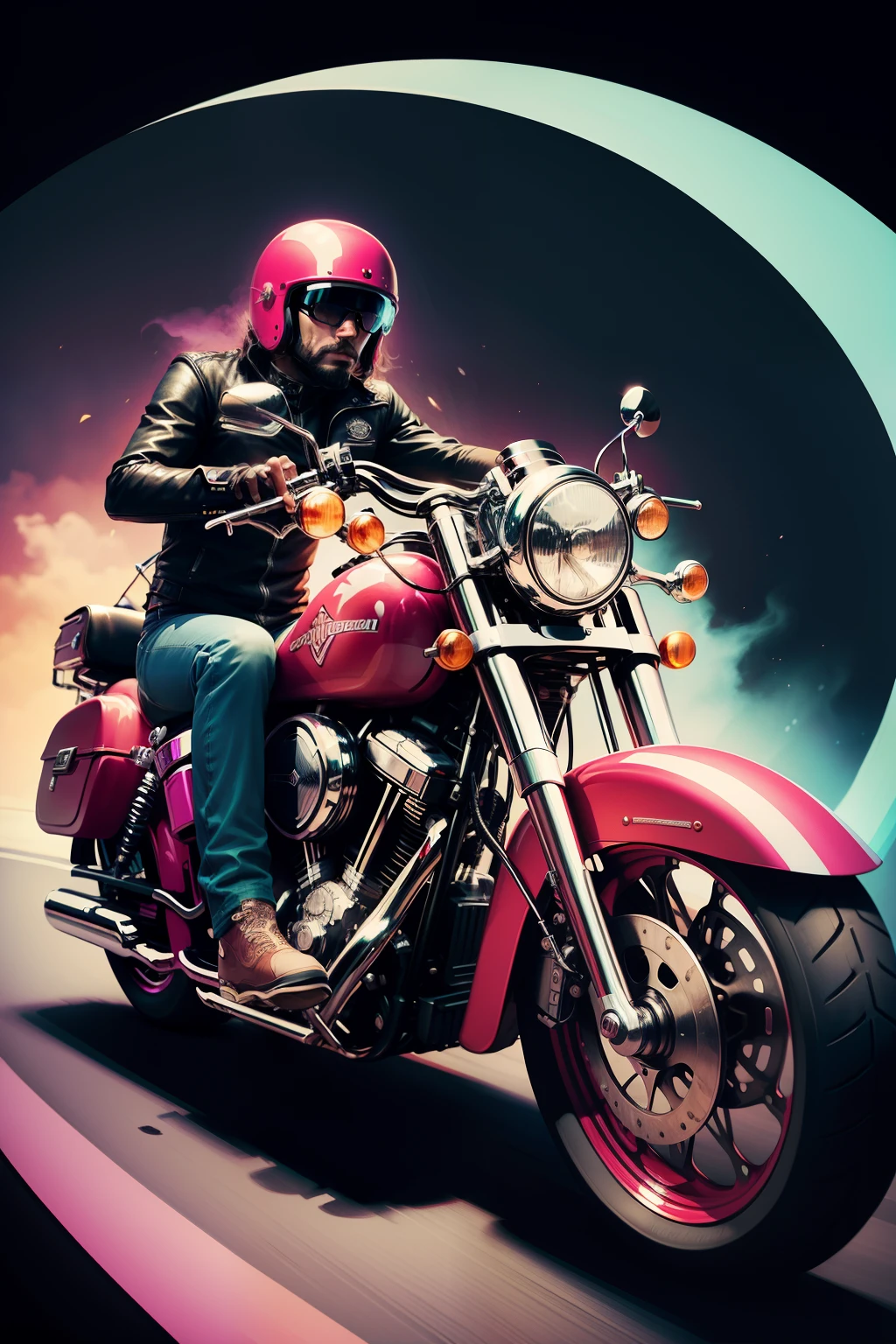 Create a psychedelic illustration of a man riding a classic Harley Davidson motorcycle