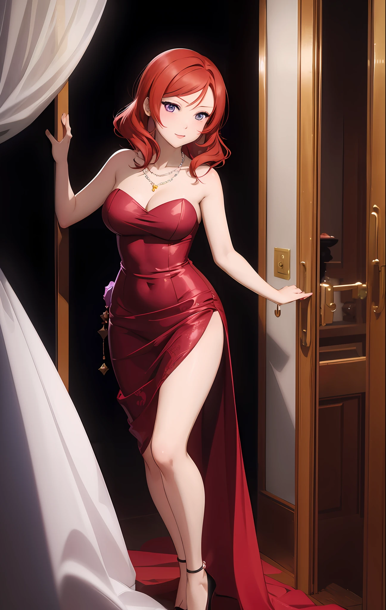 a woman with long red hair, beautiful detailed eyes, beautiful detailed lips, extremely detailed face, longeyelashes, cutesexyrobutts, anatomically correct, standing at a doorway, one leg raised, anime style, (best quality,4k,8k,highres,masterpiece:1.2),ultra-detailed,(realistic,photorealistic,photo-realistic:1.37),extremely detailed anatomy, vivid colors, dramatic lighting,cinematic,intricate detail,elegant