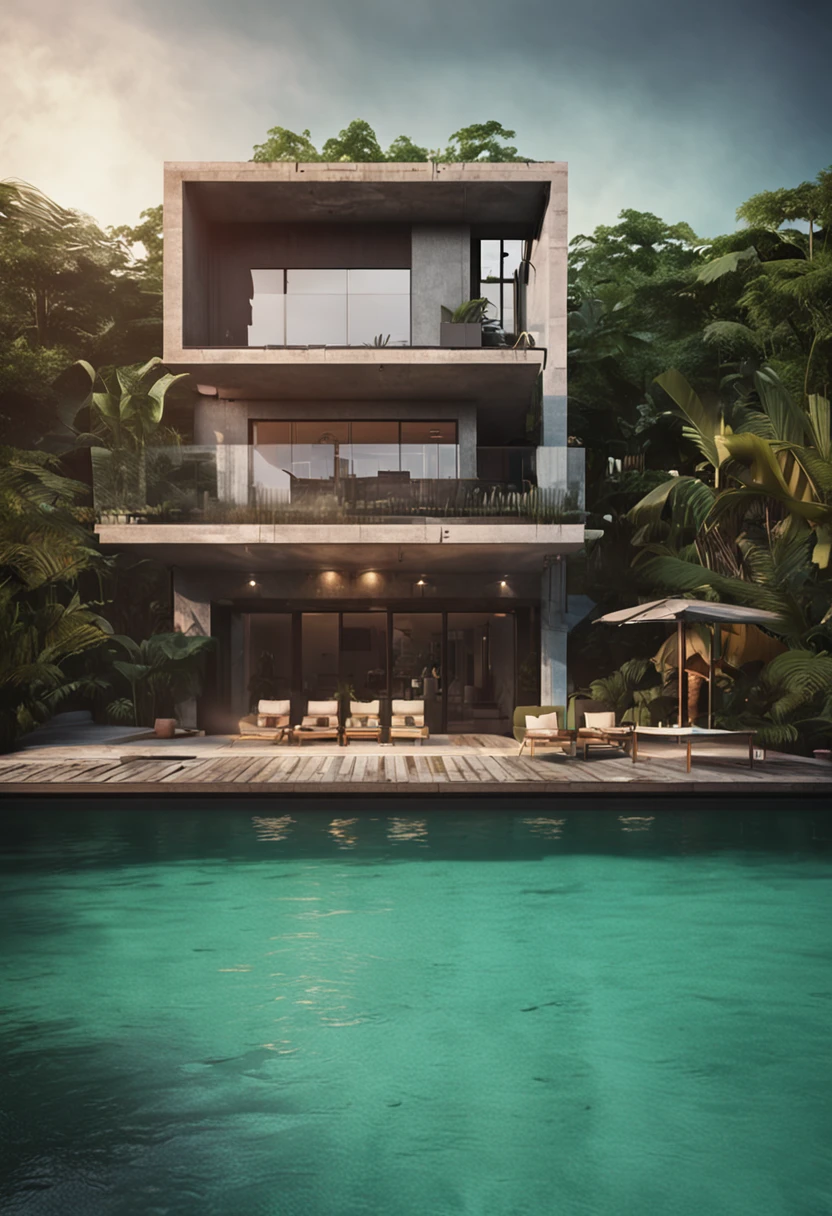 Single-family duplex house next to water bodies and forests in tropical climates