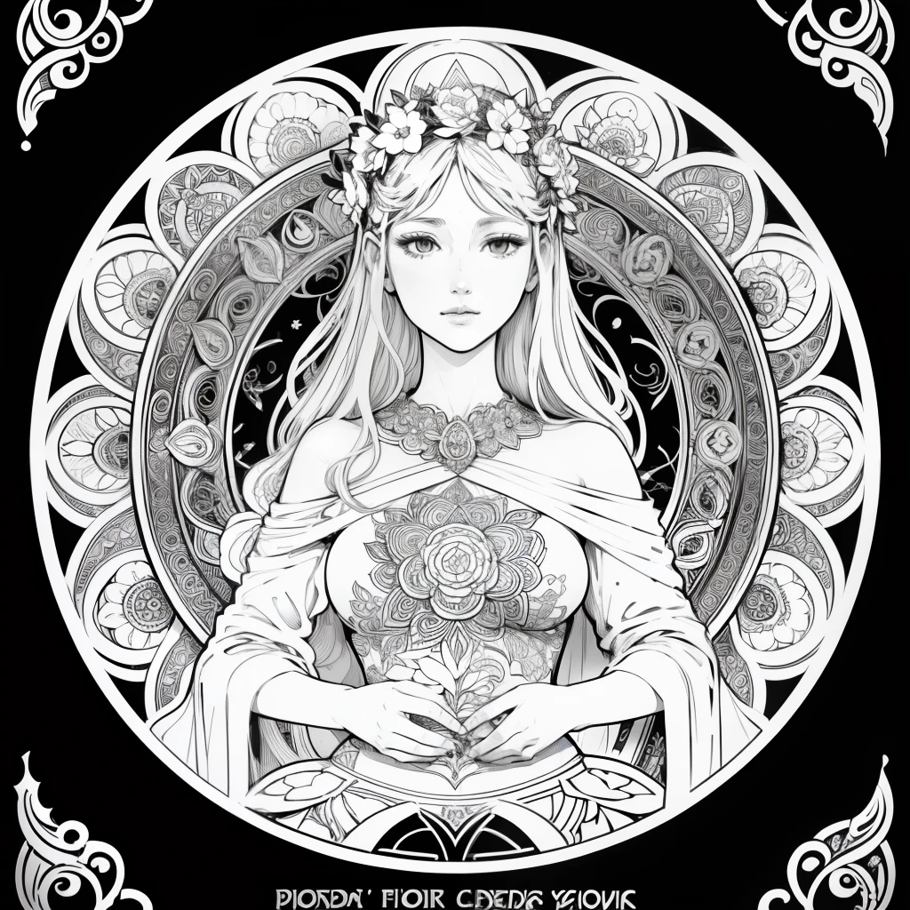 Flowers and goddess, ploynesian, garden, art for coloring book page, full white background, only use outline, line art, coloring book, clean line art, mandala for coloring with nature ornaments, simple and clean line art, coloring book page, adorned in Art Nouveau style, with a stroke of Alfons Mucha's brush, perfect details, real.