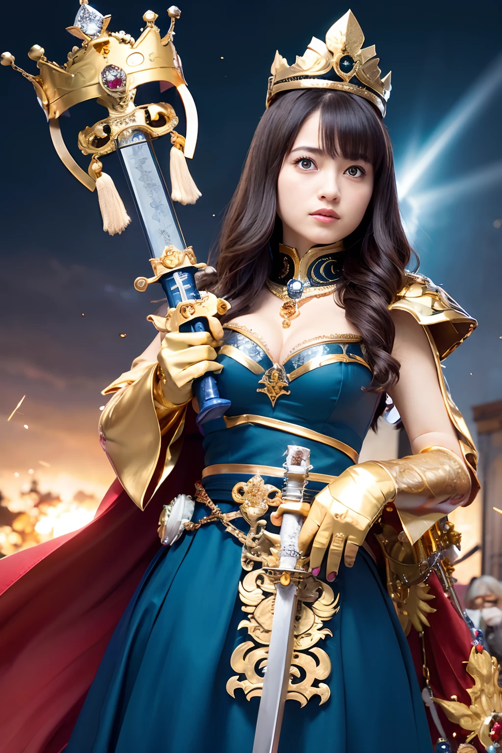 (masutepiece), Professional , ​masterpiece、top-quality、photos realistic , depth of fields ,（Wind element），close-up，dream magical，tornado，Lightning，（Gemstone Gold Jewel Body:1.６),(Matte Blue、Jewel Gold Weapon_、（Metal:1.４),Gorgeous Jewel Metal Weapons ,(( Detailed Sword of the Brave)) ,（Stand in front of the dragon）、  Castle background  ,warhammer 40k , adepta sororitas,Detail and ornate jewel crown、Brown hair、（(Gangle's forest background))、Beautiful Caucasian beauty、１a person、dynamic ungle,(((Detailed and ornate diamond crown)))、Particles of light、cleavage of the breast、Battle Pose、