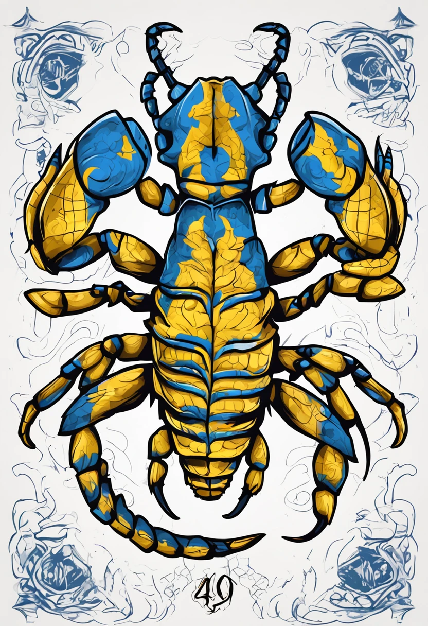 a YELLOW AND BLUE scorpion tattoo design on a white background, scorpioarmor, scorpions, unknown zodiac sign, scorpion tail, Zodiac Sign, 240p, ferocious appearance, 4 0 9 6, scorpion whip, Trinidad Scorpio, 3 4 5 3 1, 🦩🪐🐞👩🏻🦳, claws are upwards, my rendition, 3 0 0, zodiac signs, With realistic 3D rendering