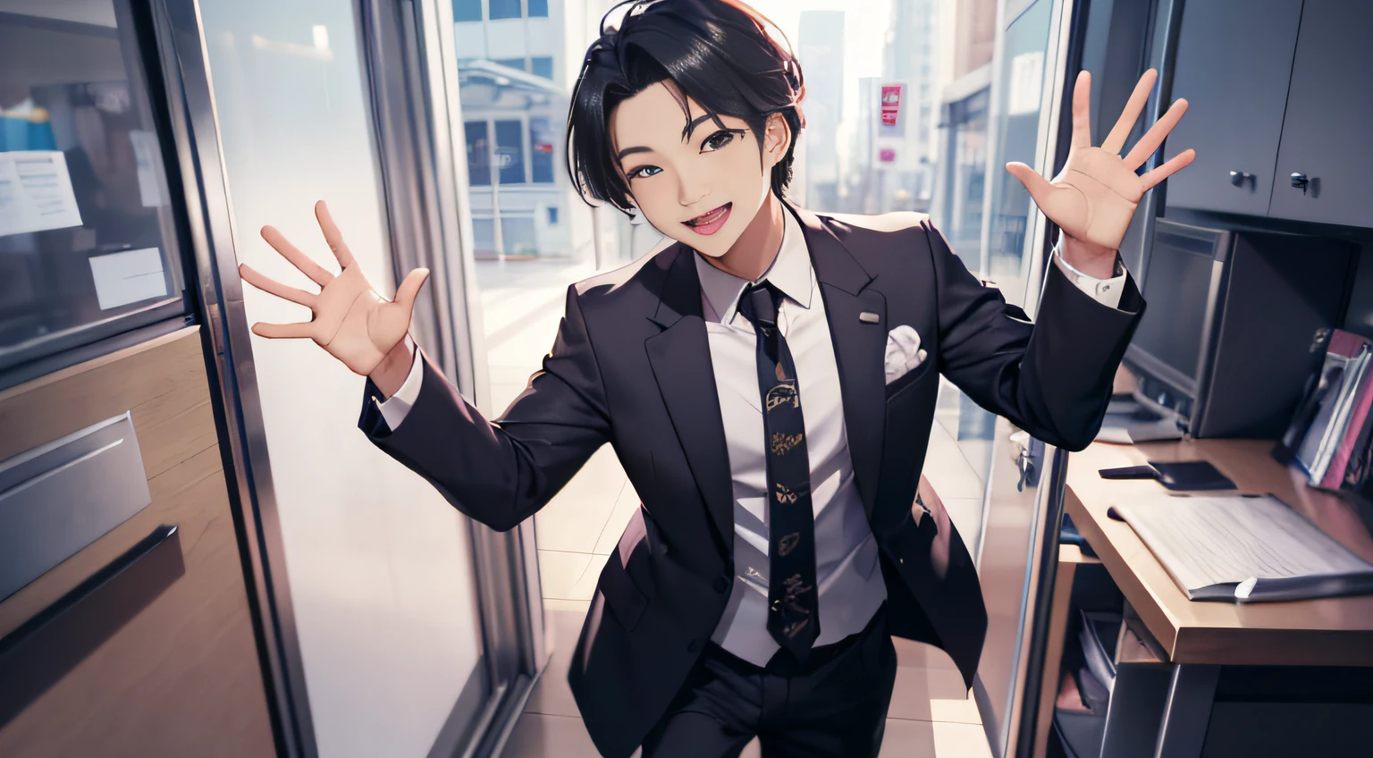 Ridiculous resolution，A high resolution，（tmasterpiece：1.4），hyper-detailing，Heir to the chaebol group，A young male，Happy mood，Smiling，Wave away from the office door