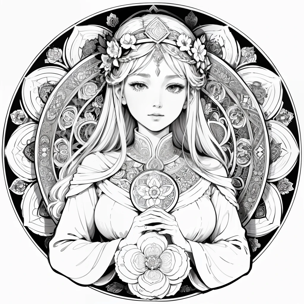 Flowers and goddess, ploynesian, garden, art for coloring book page, full white background, only use outline, line art, coloring book, clean line art, mandala for coloring with nature ornaments, simple and clean line art, coloring book page, adorned in Art Nouveau style, with a stroke of Alfons Mucha's brush, perfect details, real.