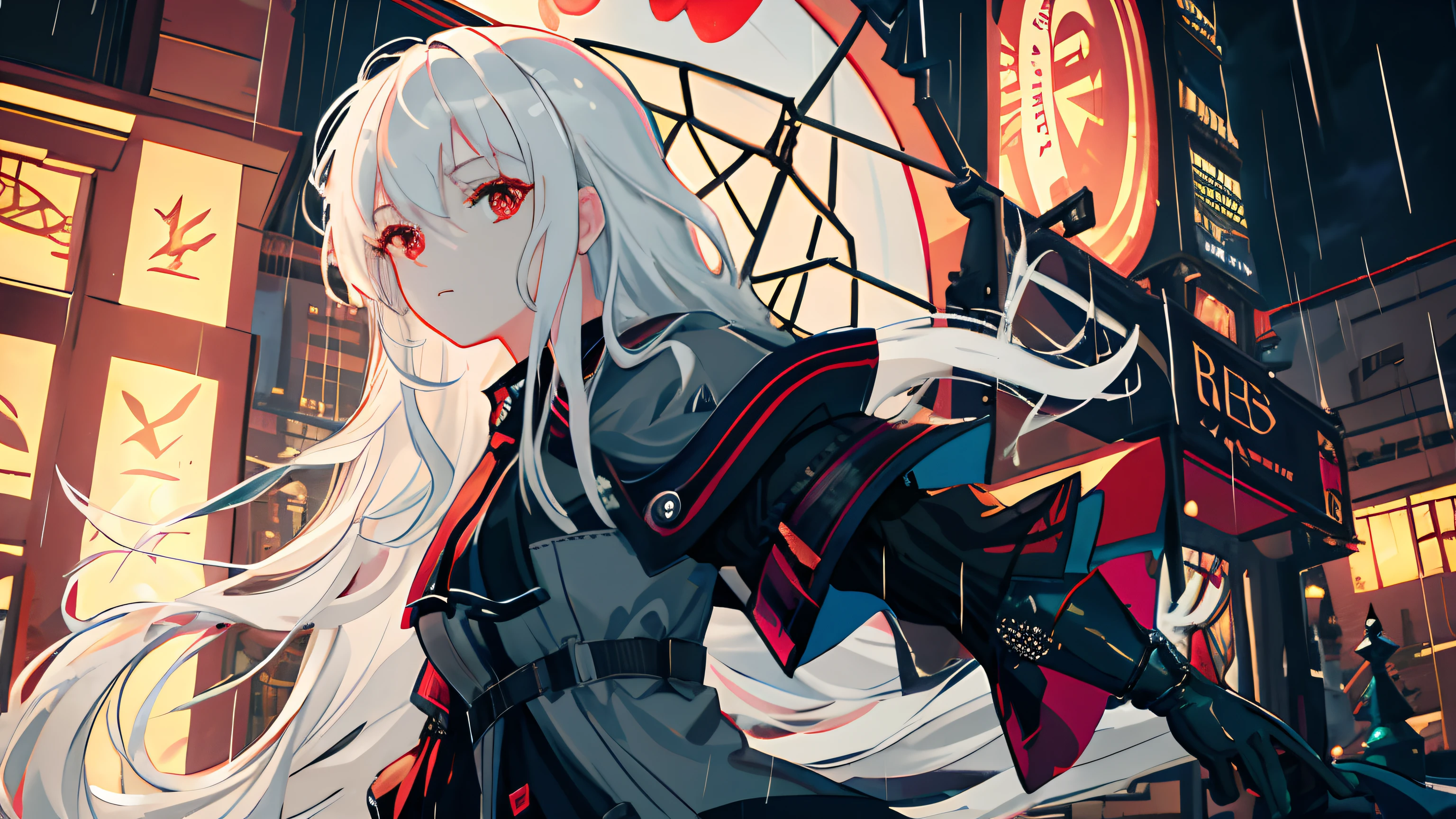 masterpiece, best quality, extremely detailed, cinematic lightning, intricate detail, highres, official art, finely detailed beautiful face and eyes, high resolution illustration, 8k, depth of field, bokeh, solo, 1girl, a girl with white hair and red eyes, long white hair, beautiful red eyes, beautiful landscape, rainy city, upper body, looking at viewer, close up