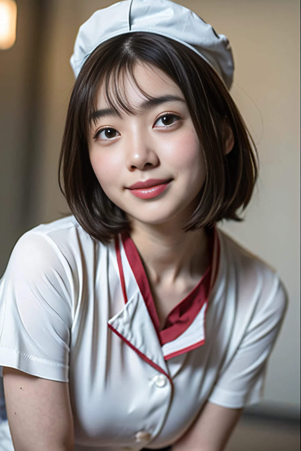 (top-quality、masterpiece、电影灯光、)、phot of a beautiful Japanese women、Glossy reddish-brown shorthair、hair pin、disheveled hair、Floating hair、beauitful face、Slouched、crouching down、(Nurse、White nurse uniform、Nurse Cap、Wrap the stethoscope around your neck、)、Beautiful breast slip、Hourglass body、A smile that captivates the viewer、Looking into the camera、Push the cameraman down and talk、Video from below、Hospital Patient Rooms、Close face、shinny skin、Bold sexy poses、Beautiful Finger、