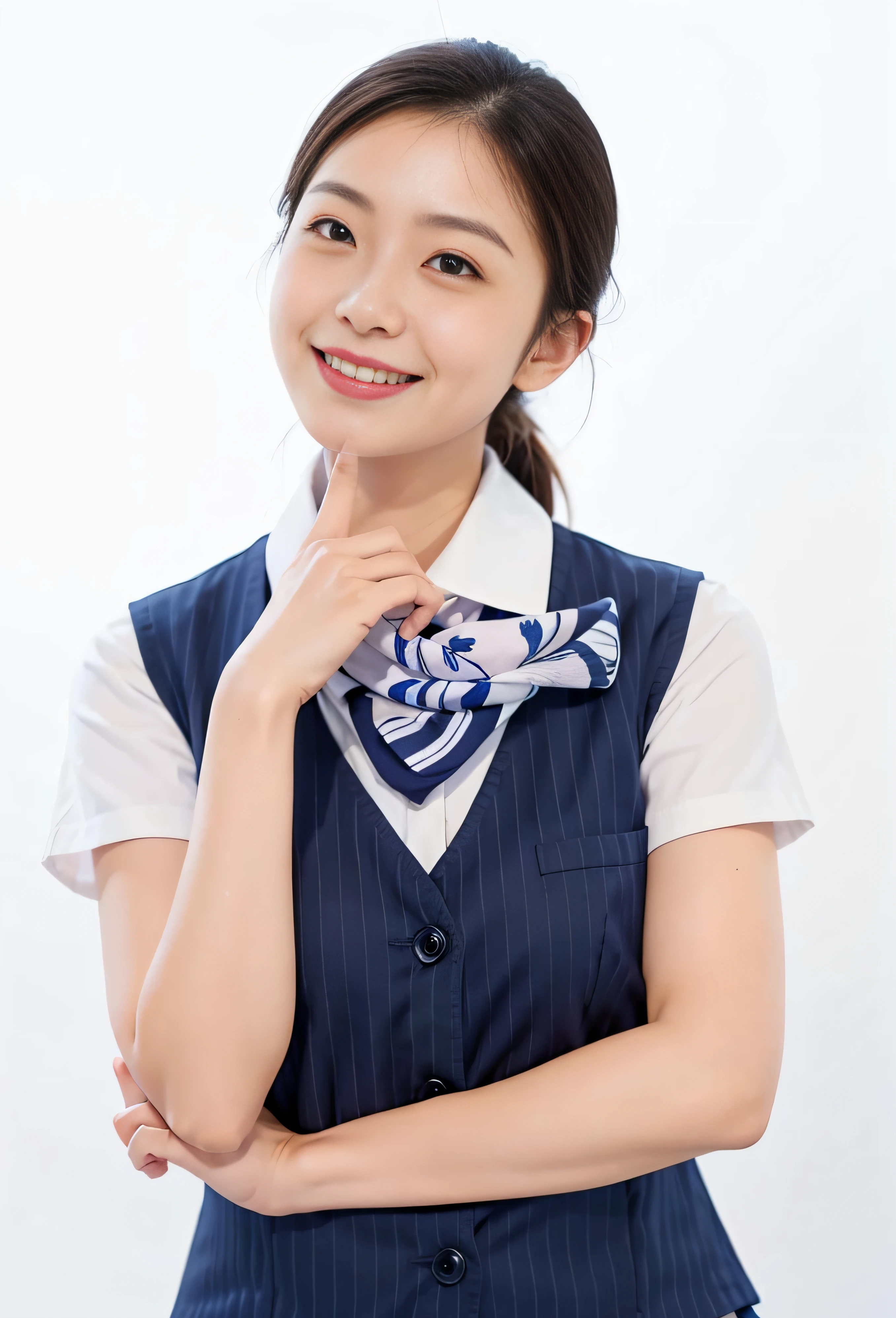 Beautiful Women、Think、His arms folded、Japan Corporate Uniforms、 Scarf 、Short sleeve shirt、Navy blue vest、 Beautiful smiling face、Hold your chin with right index finger、pink manicured fingers