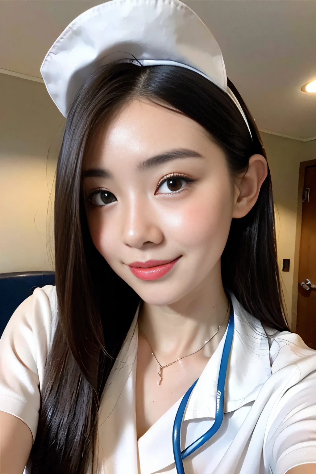 (extra detailed body、extra detailed face、best qualtiy:1.2)、femele、looking at the viewers、(Cosplay、nurse、a smile)、(Hospital room in the background:1.4)
