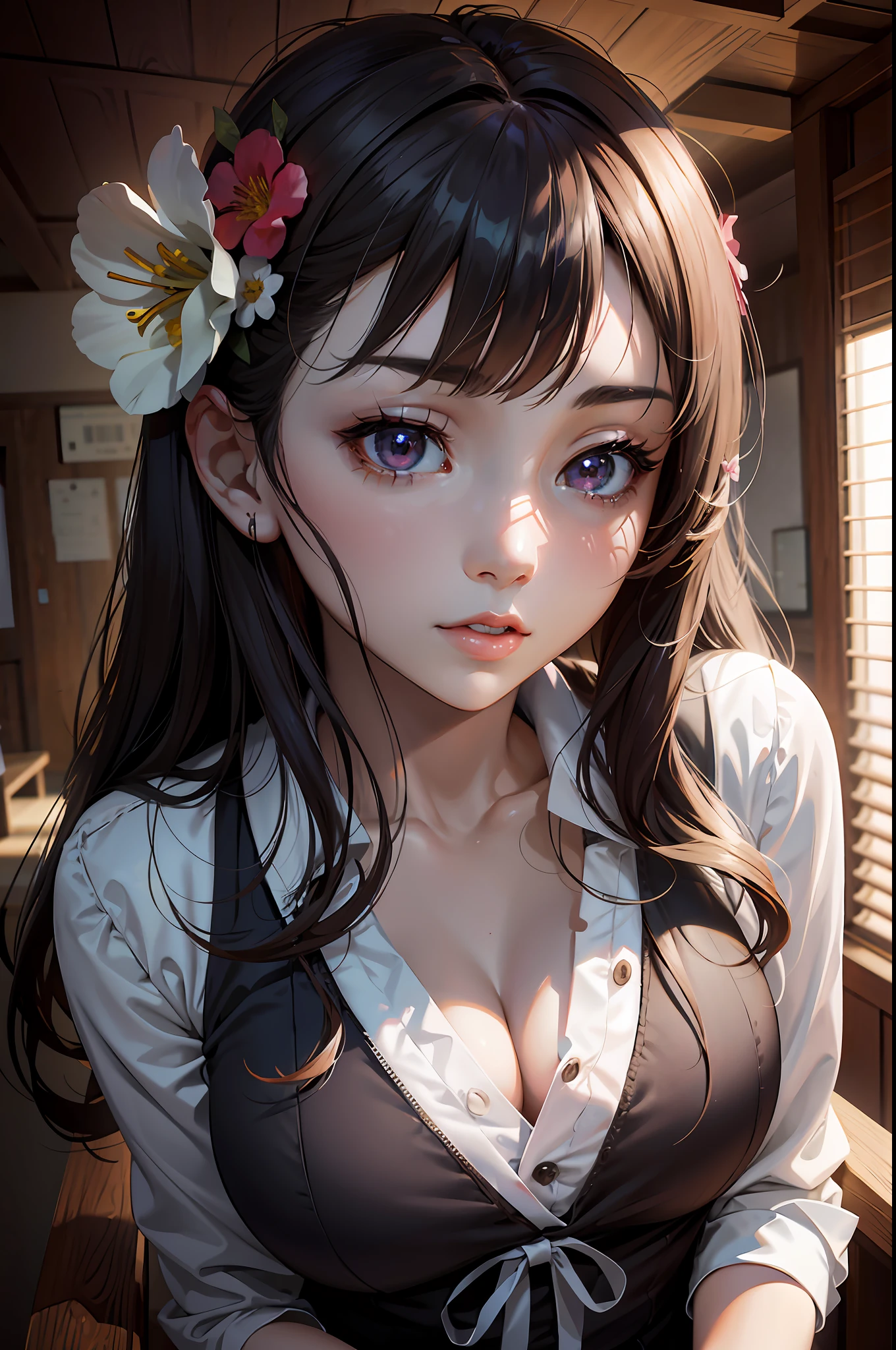 Anime girl posing for photo with a flower in her hair, Photorealistic anime, Beautiful anime girl, Kawaii realistic portrait, hyper realistic anime, Realistic anime 3 D style, 3 d anime realistic, a beautiful anime portrait, Guviz-style artwork, Stunning anime face portrait, seductive anime girls, detailed portrait of an anime girl, Realistic young anime girl