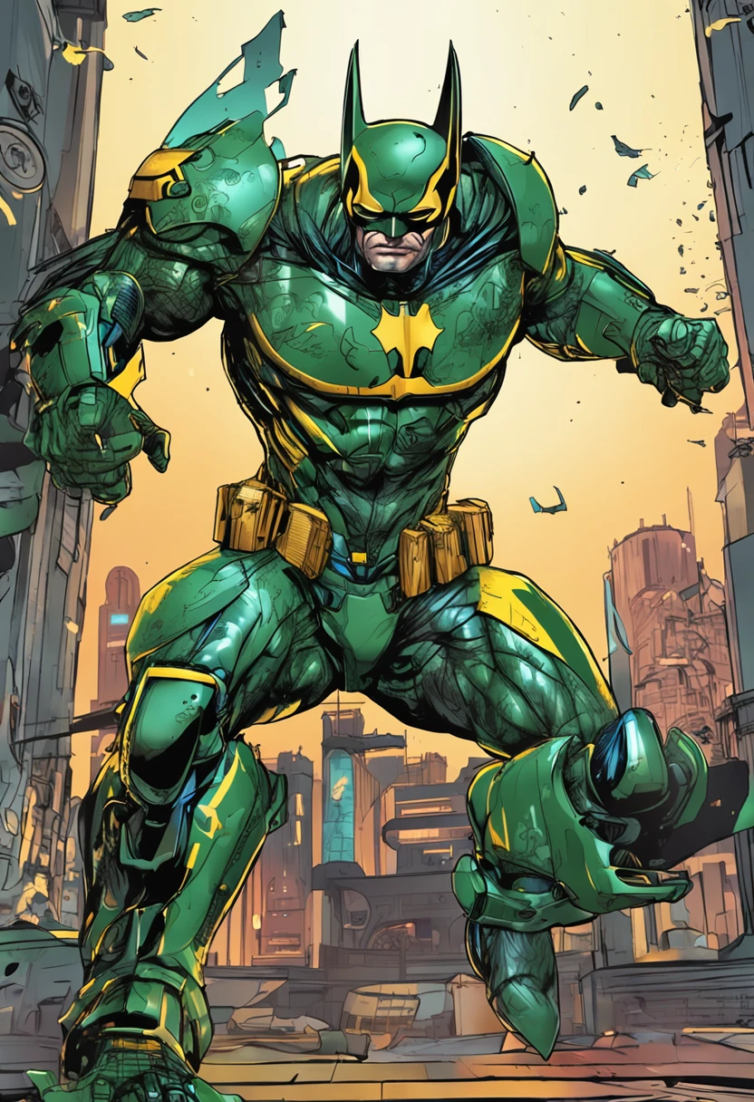 Um batman verde, amarelo e azul, brasileiro, realistic in a titanium cybernetic suit, detalhado, designe perfeito, alta qualidade arestas perfeitas e simetricas ::n_desenho de estilo, Low-quality imperfection, boneco, jogo, anime